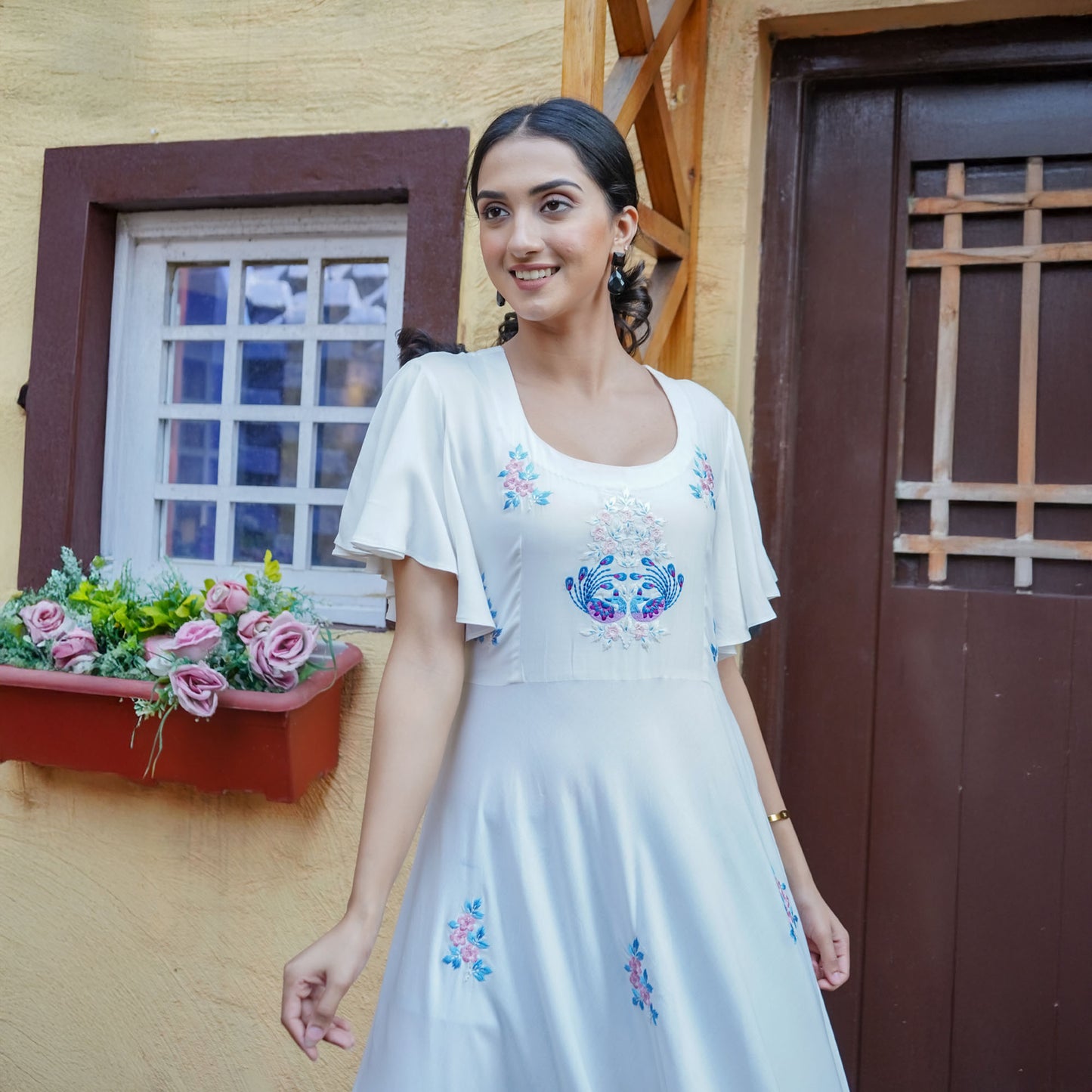 White Cotton Flower Thread Embroidery Flared Dress