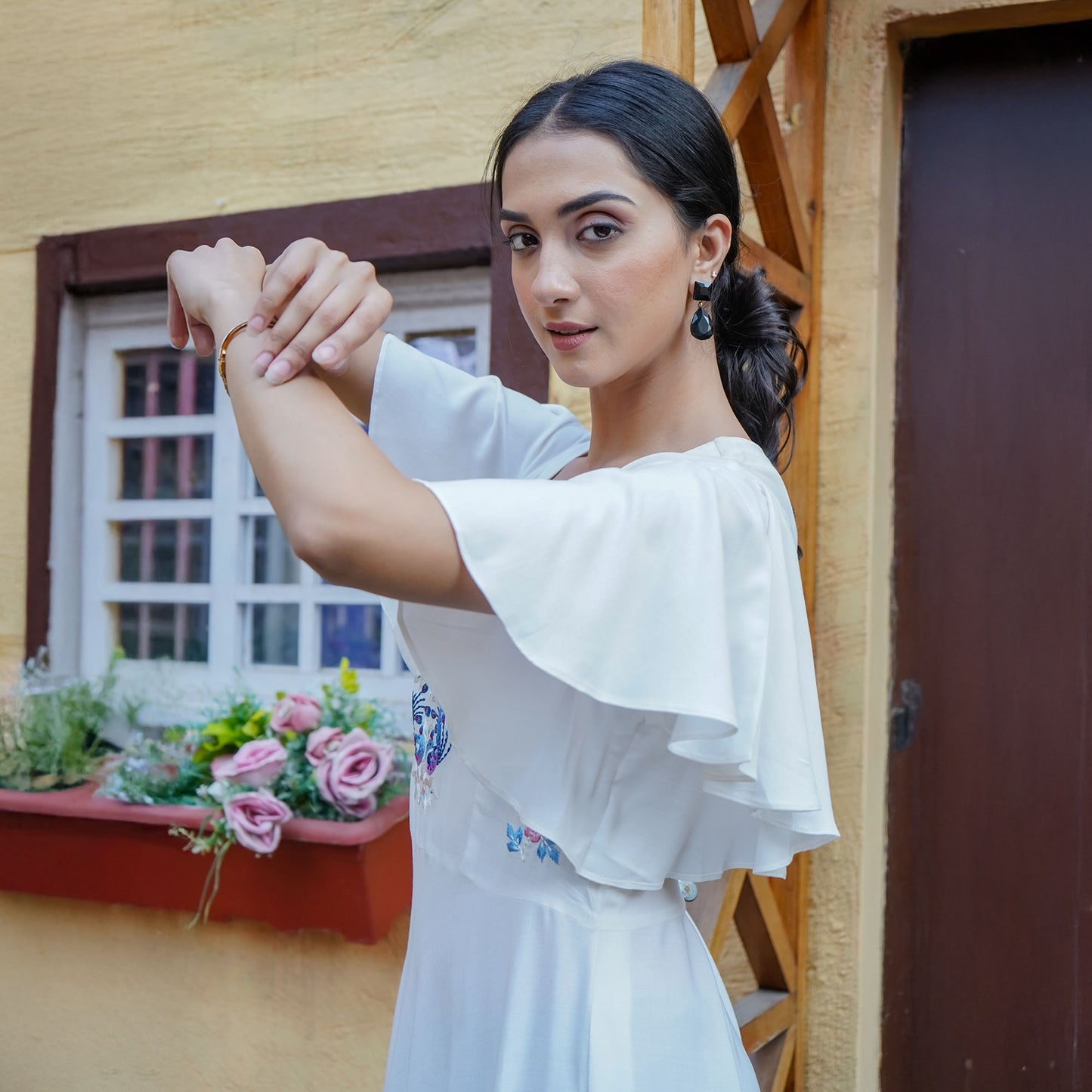 White Cotton Flower Thread Embroidery Flared Dress