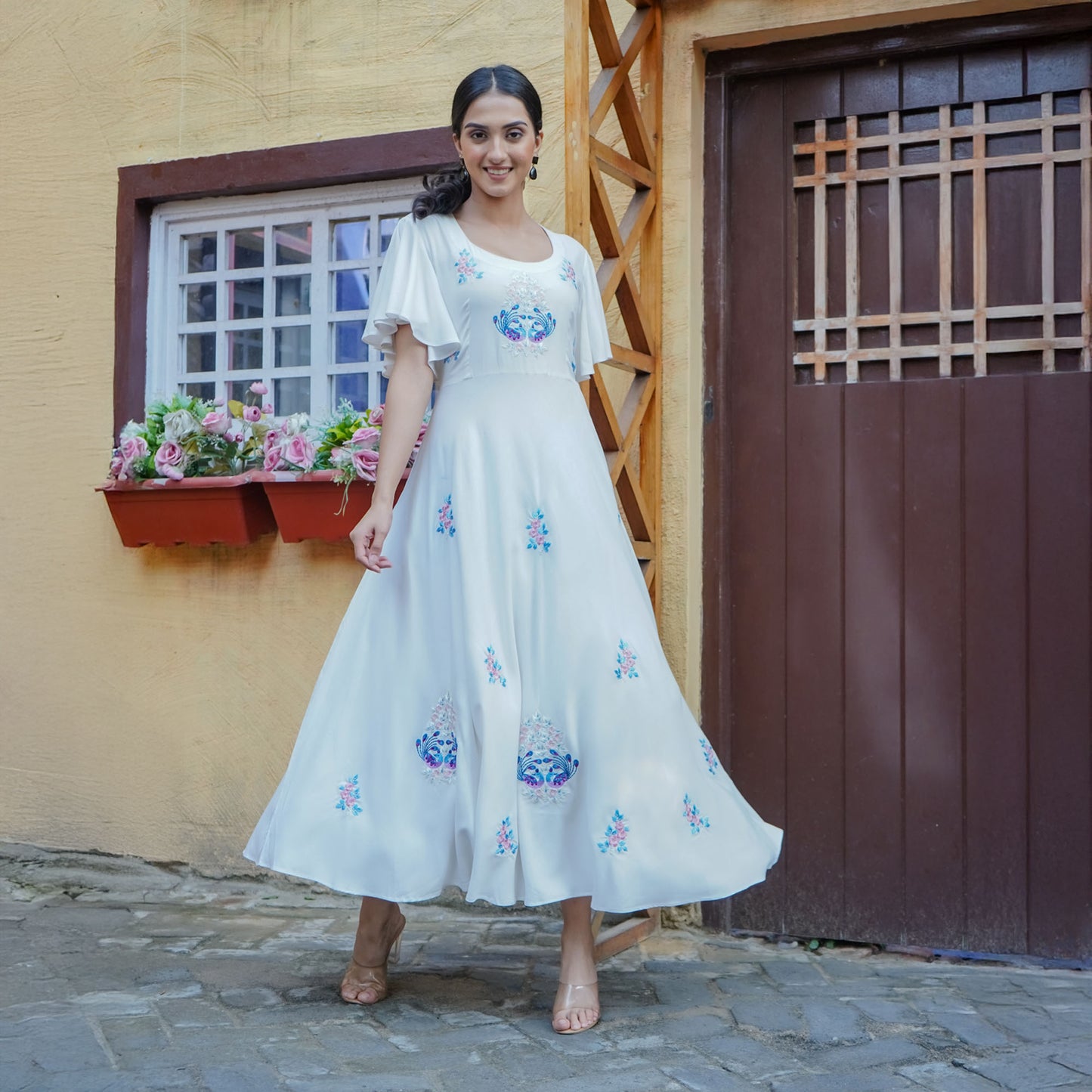 White Cotton Flower Thread Embroidery Flared Dress