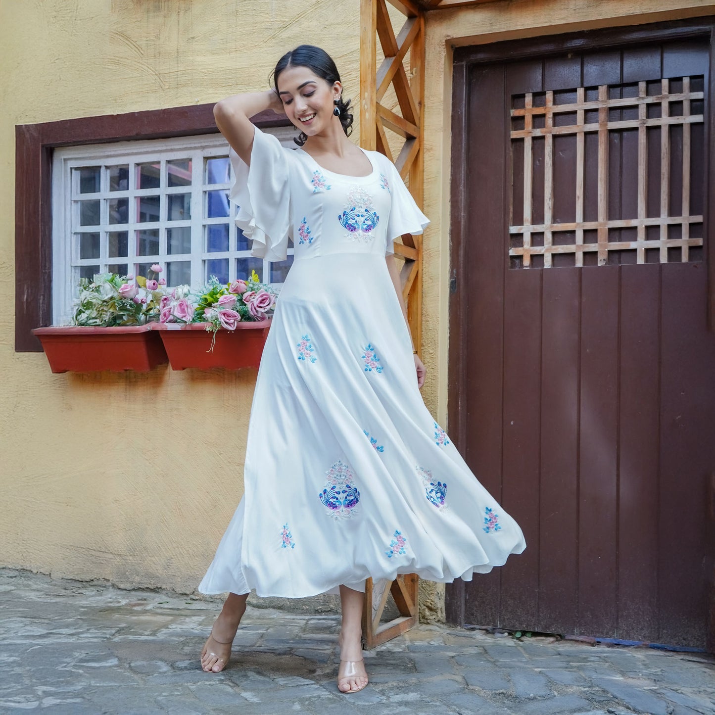 White Cotton Flower Thread Embroidery Flared Dress