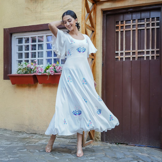 White Cotton Flower Thread Embroidery Flared Dress