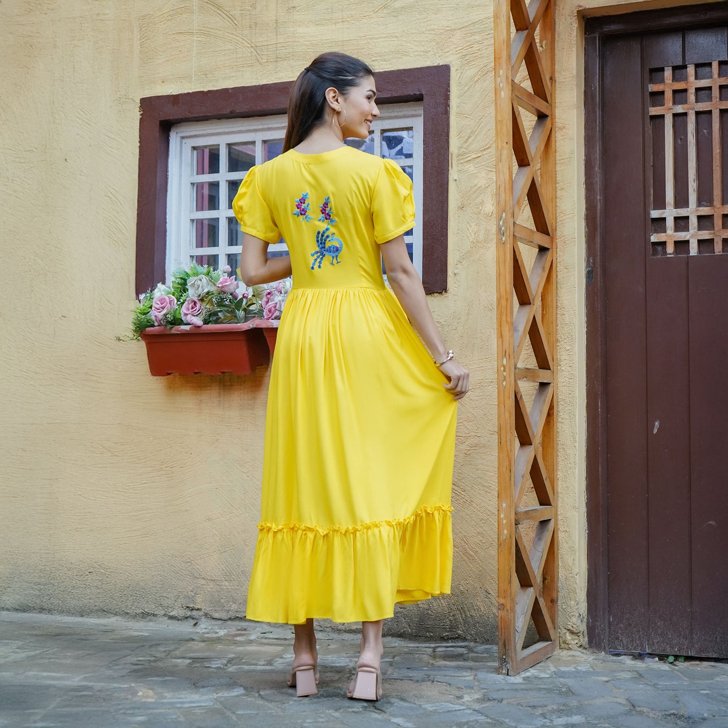 Yellow Cotton Peacock Thread Embroidery Flared Dress