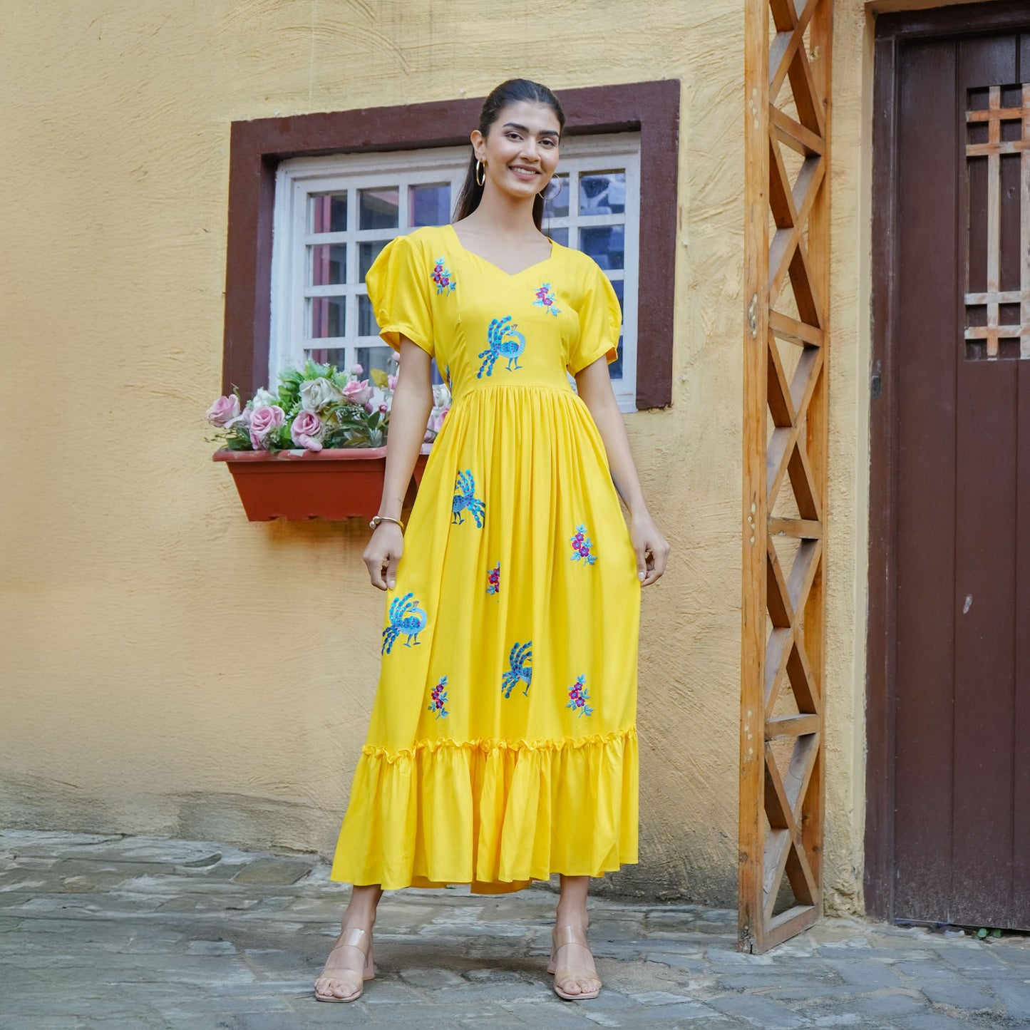 Yellow Cotton Peacock Thread Embroidery Flared Dress
