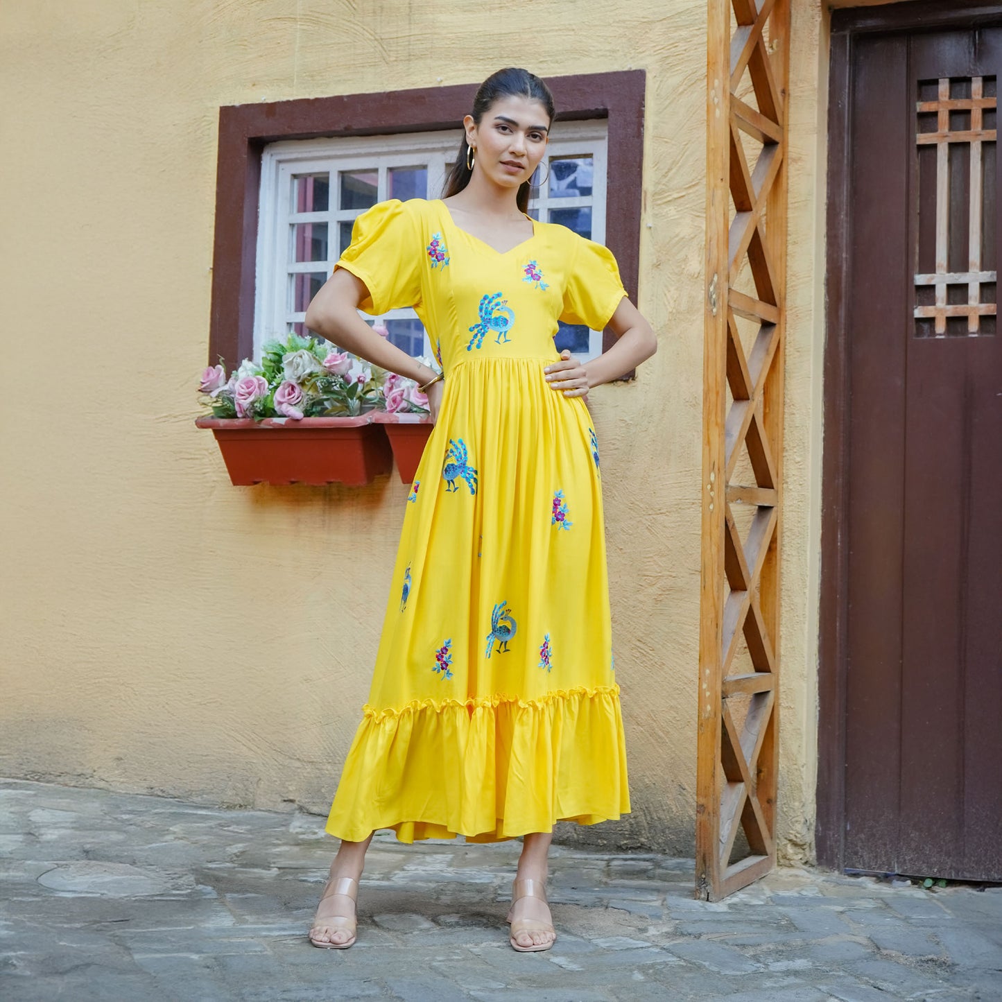 Yellow Cotton Peacock Thread Embroidery Flared Dress