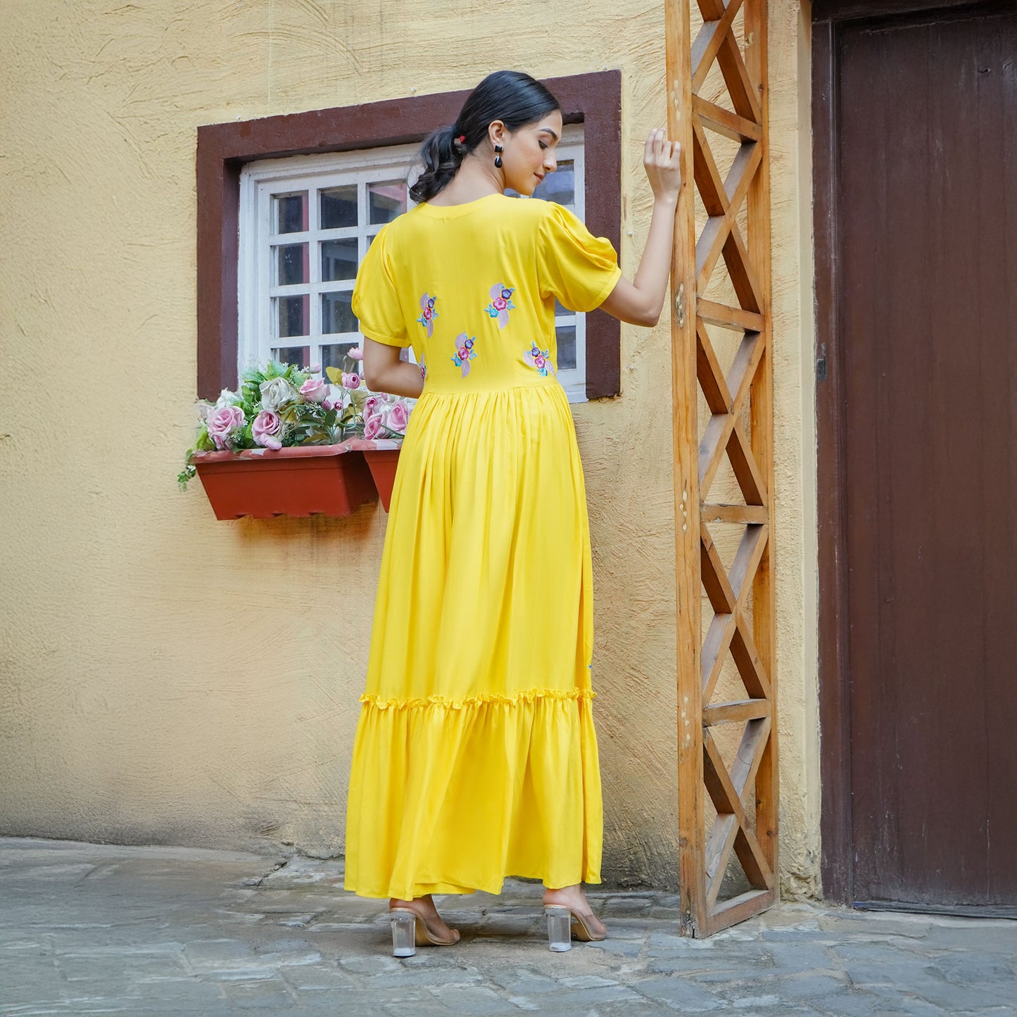Yellow Cotton  Flower Thread Embroidery Flared Dress