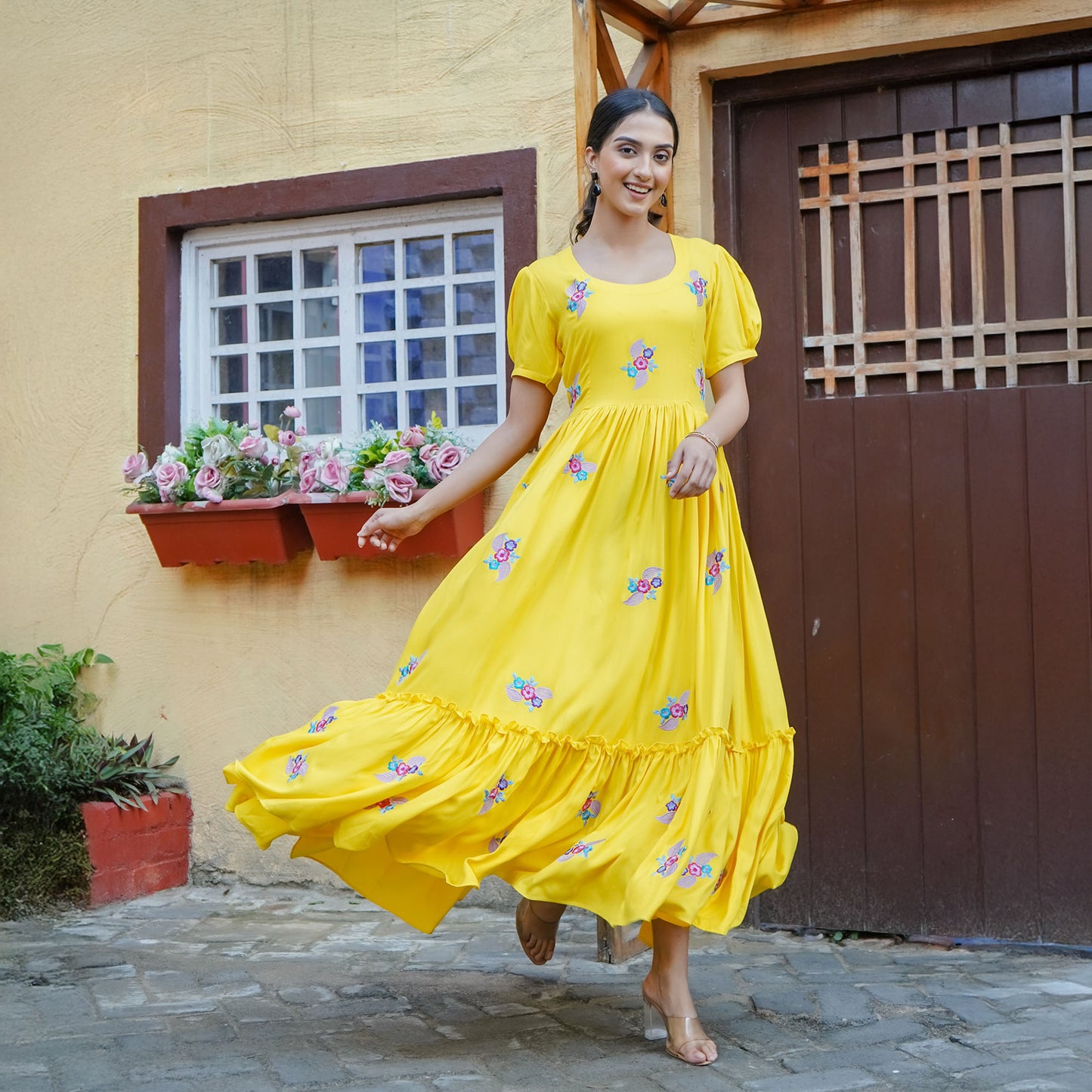 Yellow Cotton  Flower Thread Embroidery Flared Dress