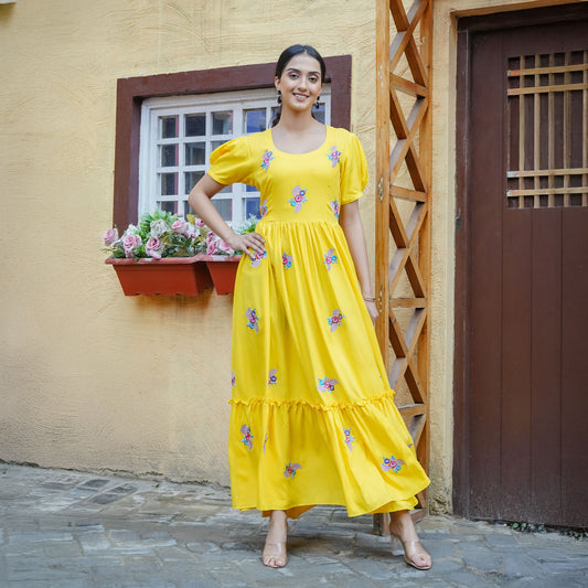 Yellow Cotton  Flower Thread Embroidery Flared Dress