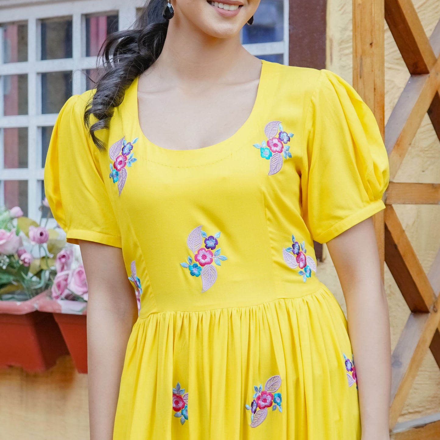Yellow Cotton  Flower Thread Embroidery Flared Dress
