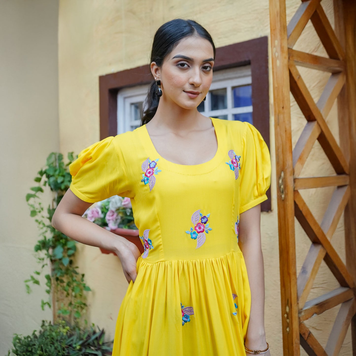 Yellow Cotton  Flower Thread Embroidery Flared Dress