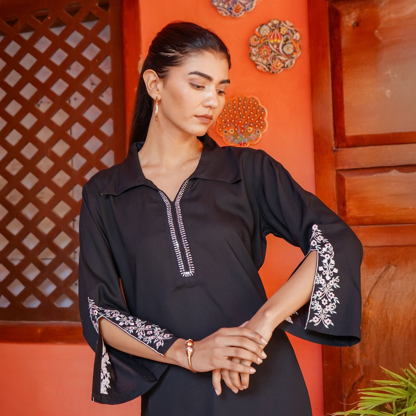 Black Rayon Cut & Embroidery Work Kurti