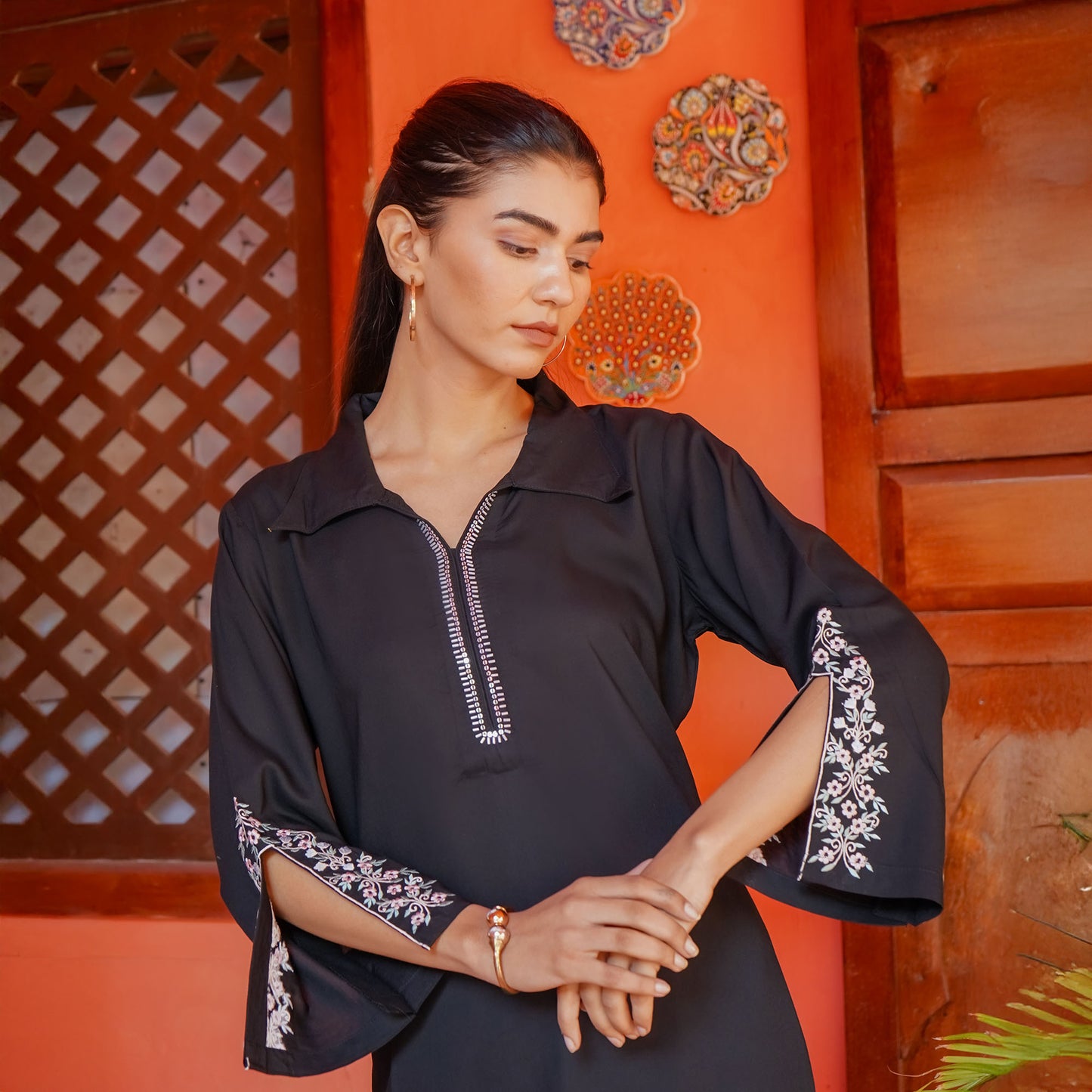 Black Rayon Cut & Embroidery Work Kurti