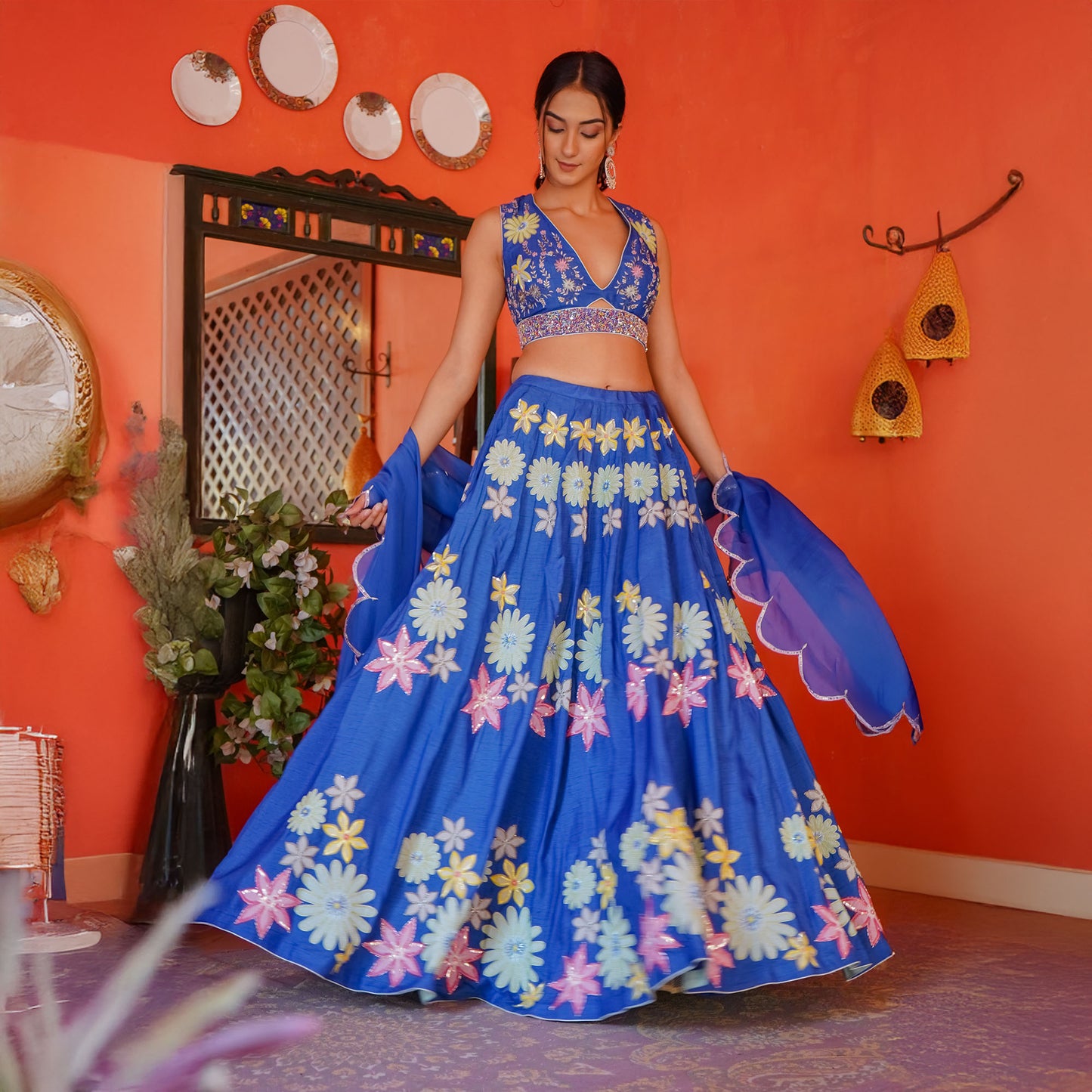 Blue Dola Silk Cut & Hand Work Designer Lehanga