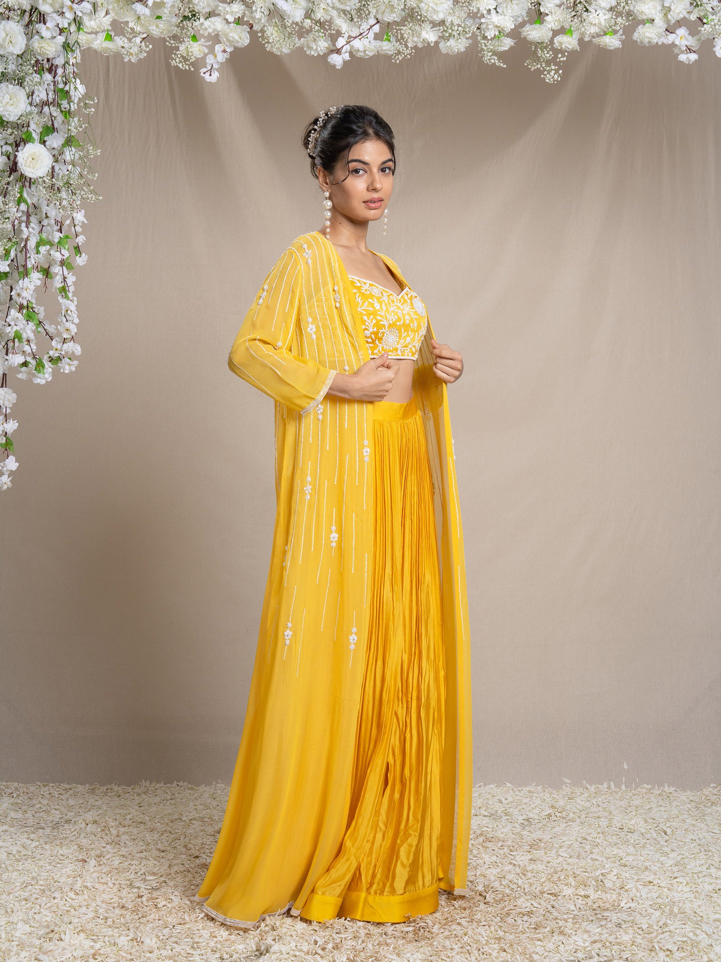 Yellow Dori Work Cape Set With Bustier And Palazzos