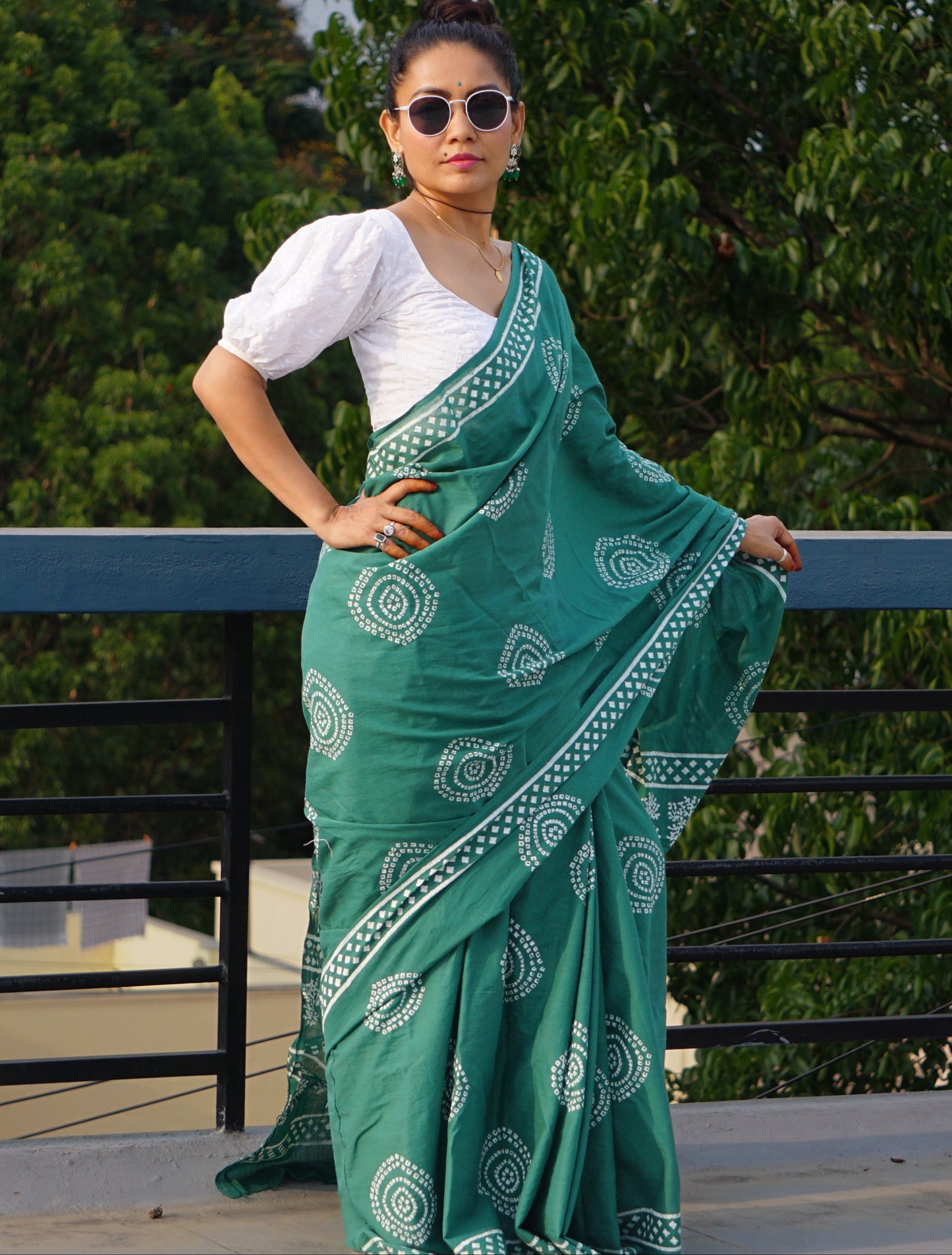 Green Bandhni Handblock Mulmul Cotton Saree - Perfect for Summer