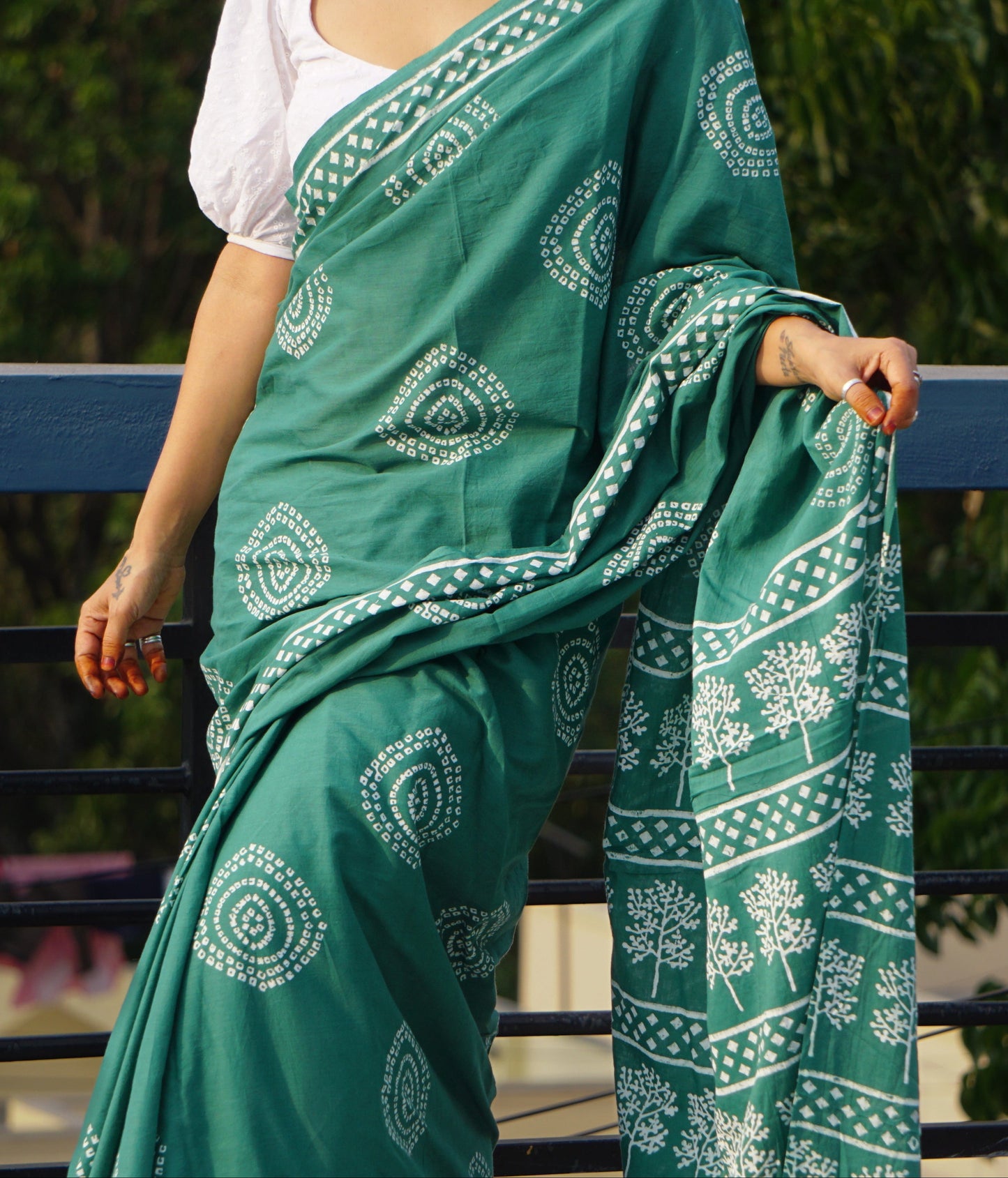 Green Bandhni Handblock Mulmul Cotton Saree - Perfect for Summer