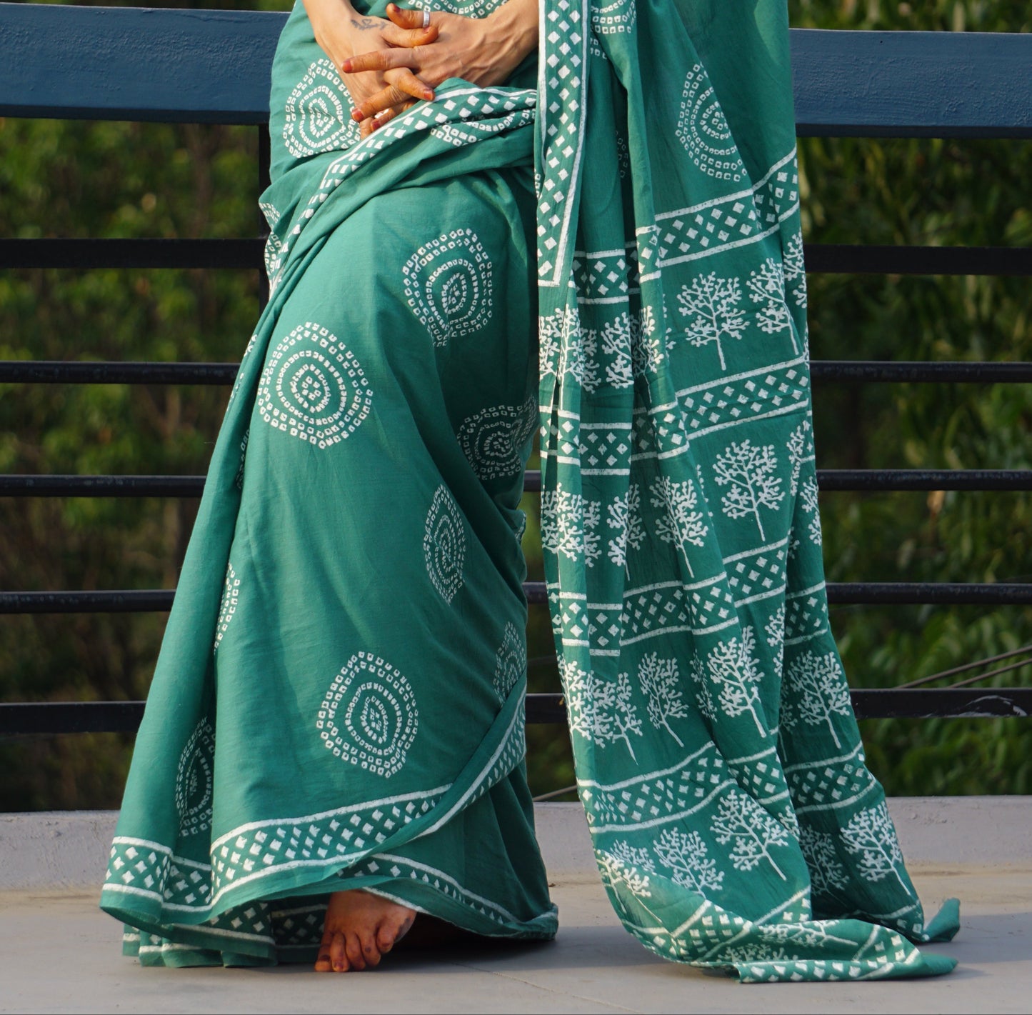 Green Bandhni Handblock Mulmul Cotton Saree - Perfect for Summer