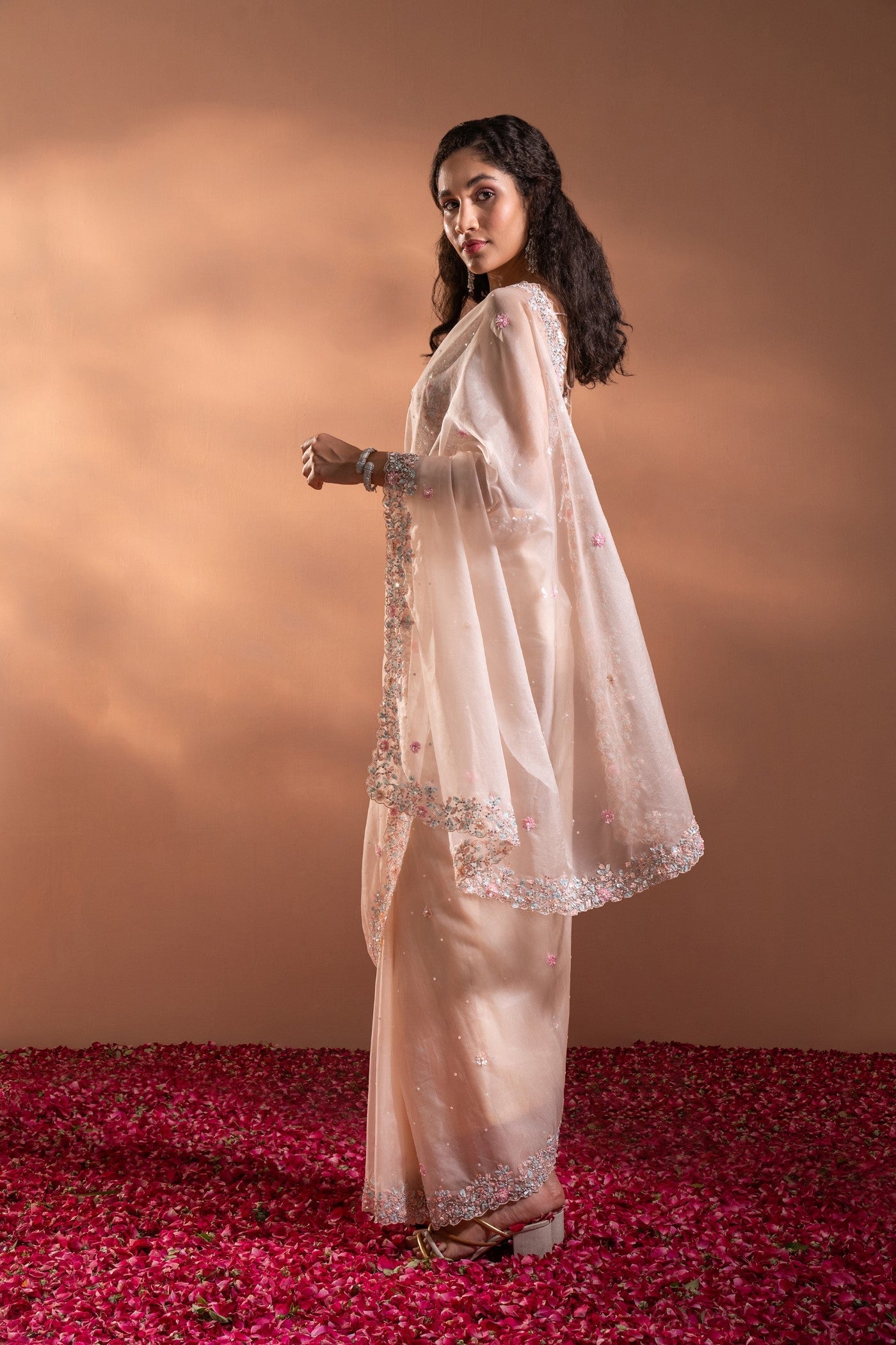 Petal Pink Saree In Organza With Sequence, Moti & Threadwork