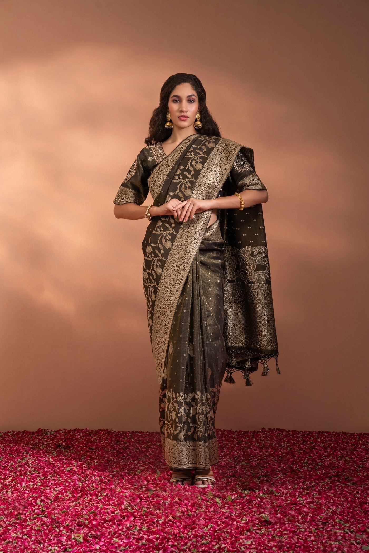 Dark Olive Banarasi Saree In Banarasi Silk wih Zari & Moti Thread-Work.
