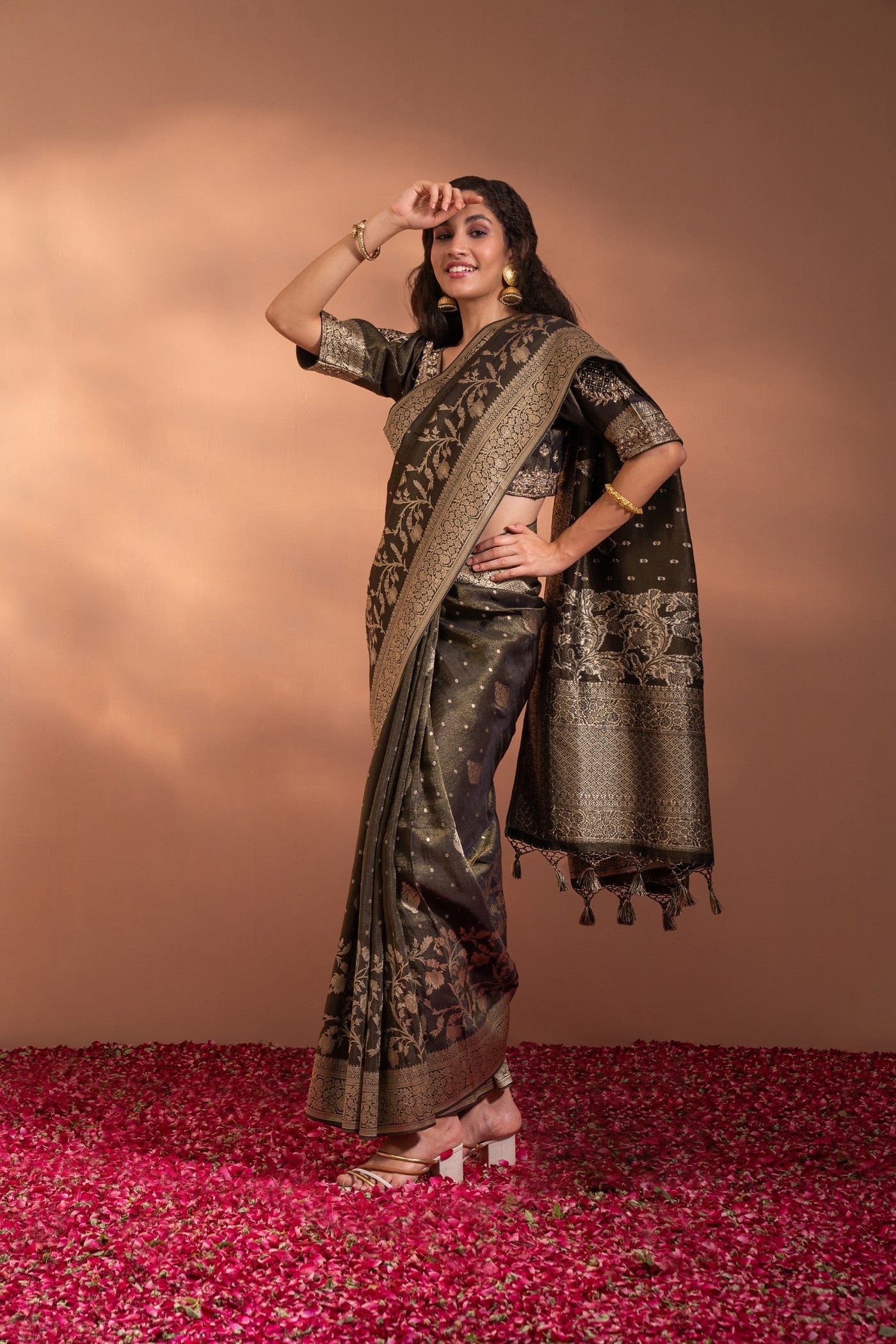 Dark Olive Banarasi Saree In Banarasi Silk wih Zari & Moti Thread-Work.