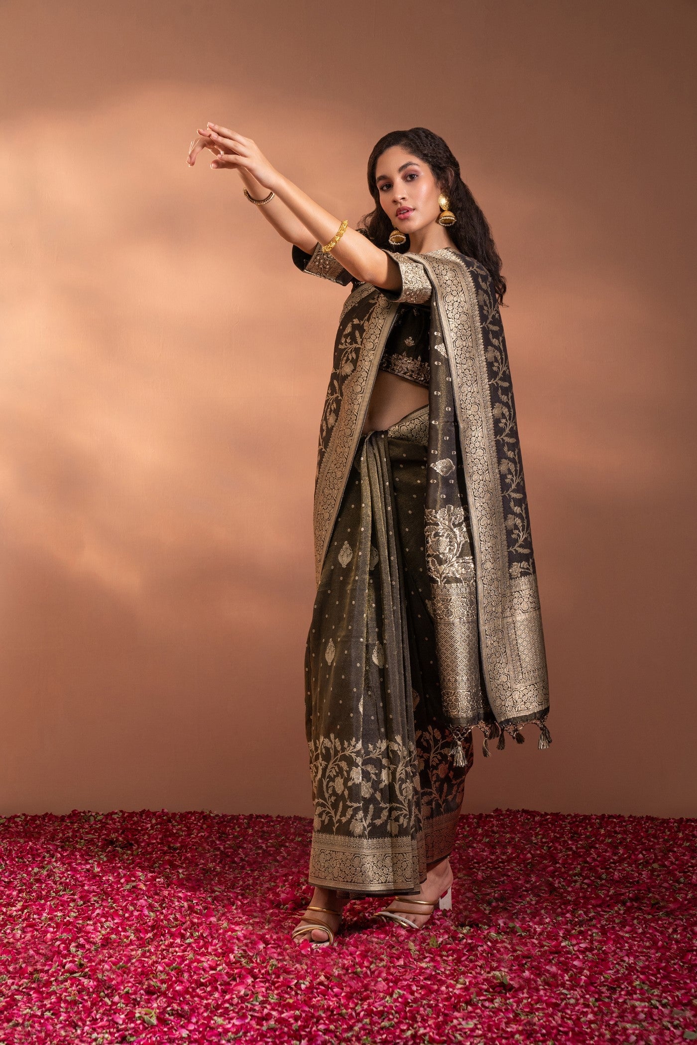 Dark Olive Banarasi Saree In Banarasi Silk wih Zari & Moti Thread-Work.