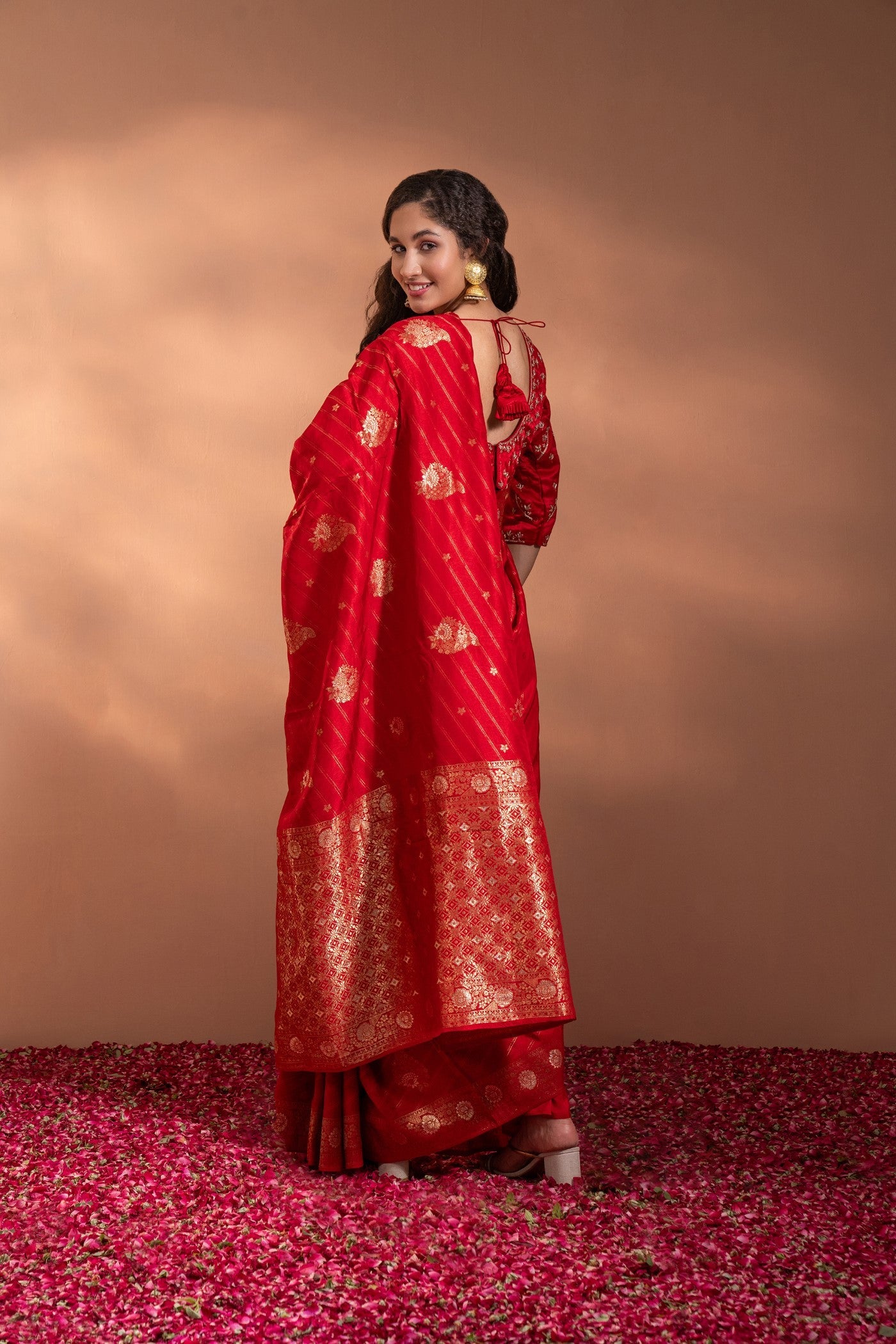 Crimson Red Banarasi Saree In Banarasi Silk wih Zari & Moti Thread-Work.