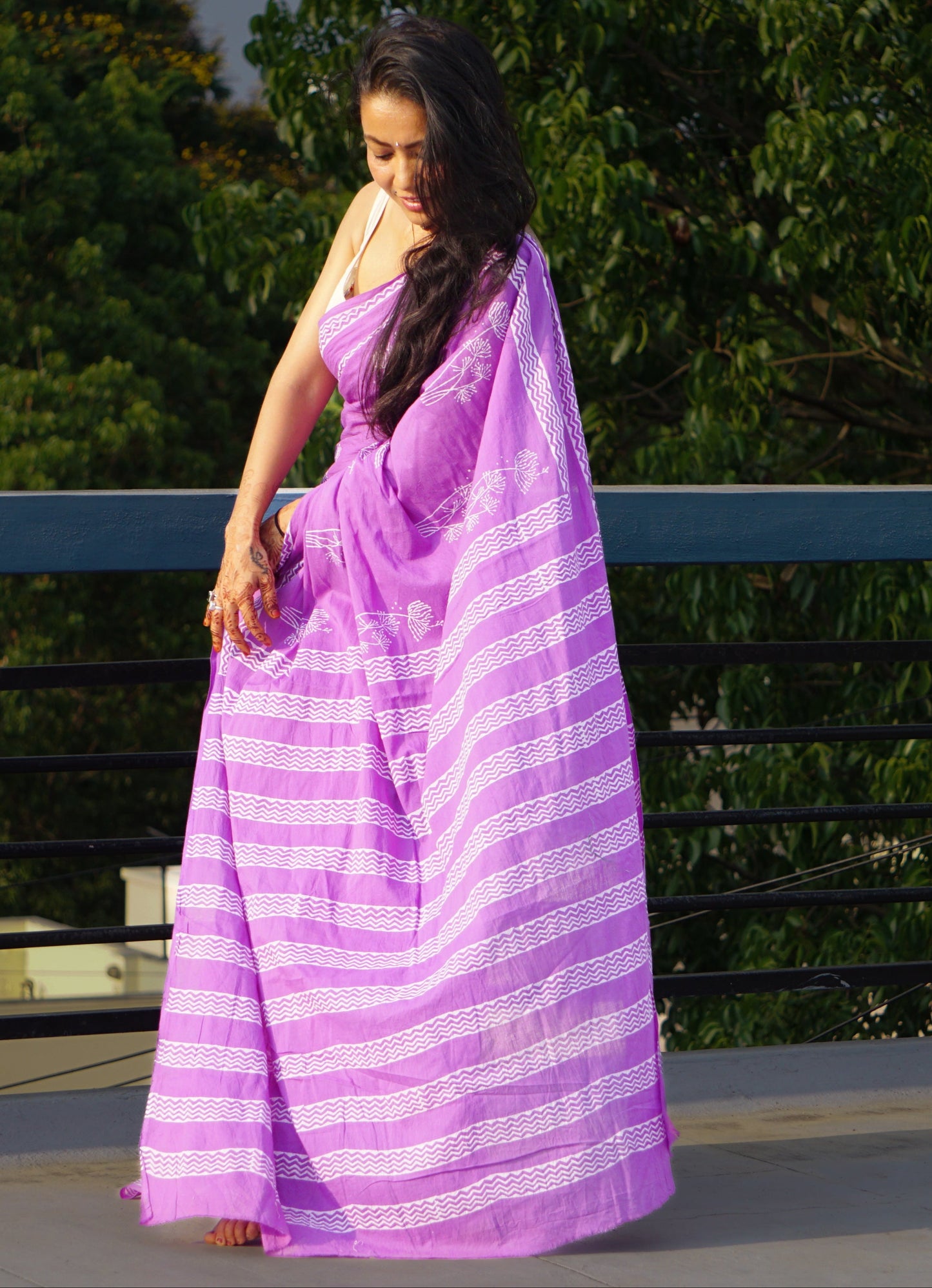 Purple Margarita Hand block Mul mul Cotton Saree
