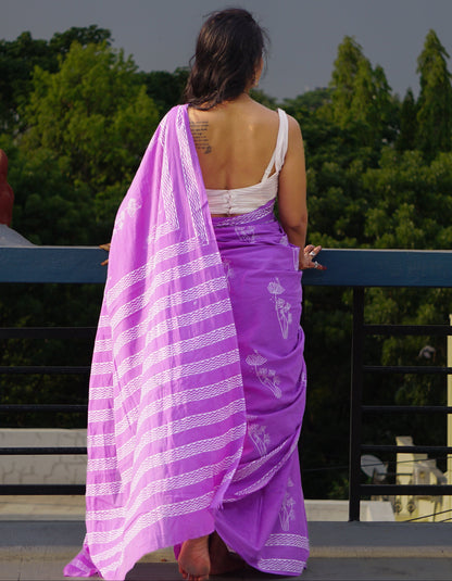 Purple Margarita Hand block Mul mul Cotton Saree