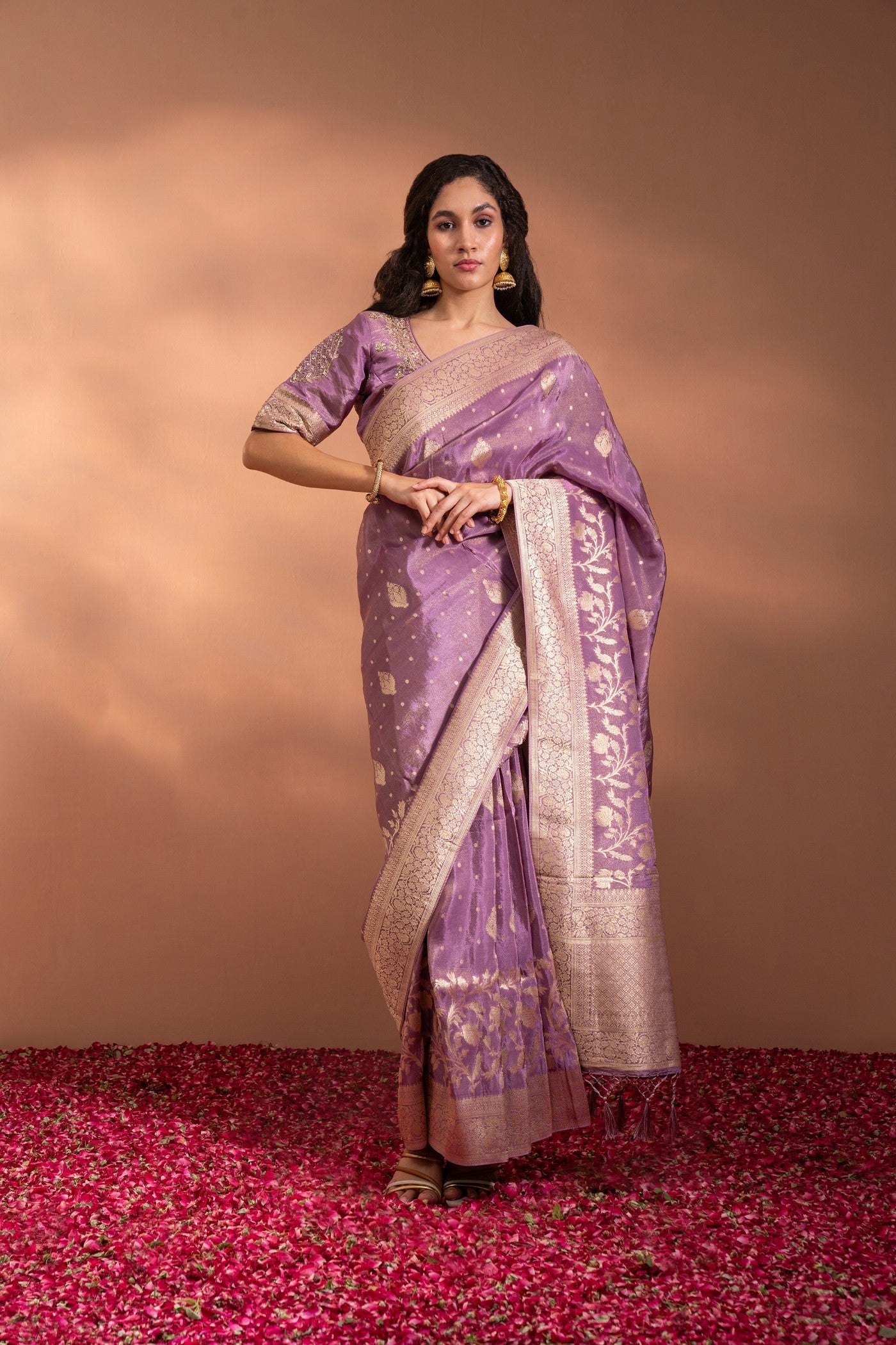 Lilac Snow Purple Banarasi Saree In Banarasi Silk wih Zari & Moti Thread-Work.