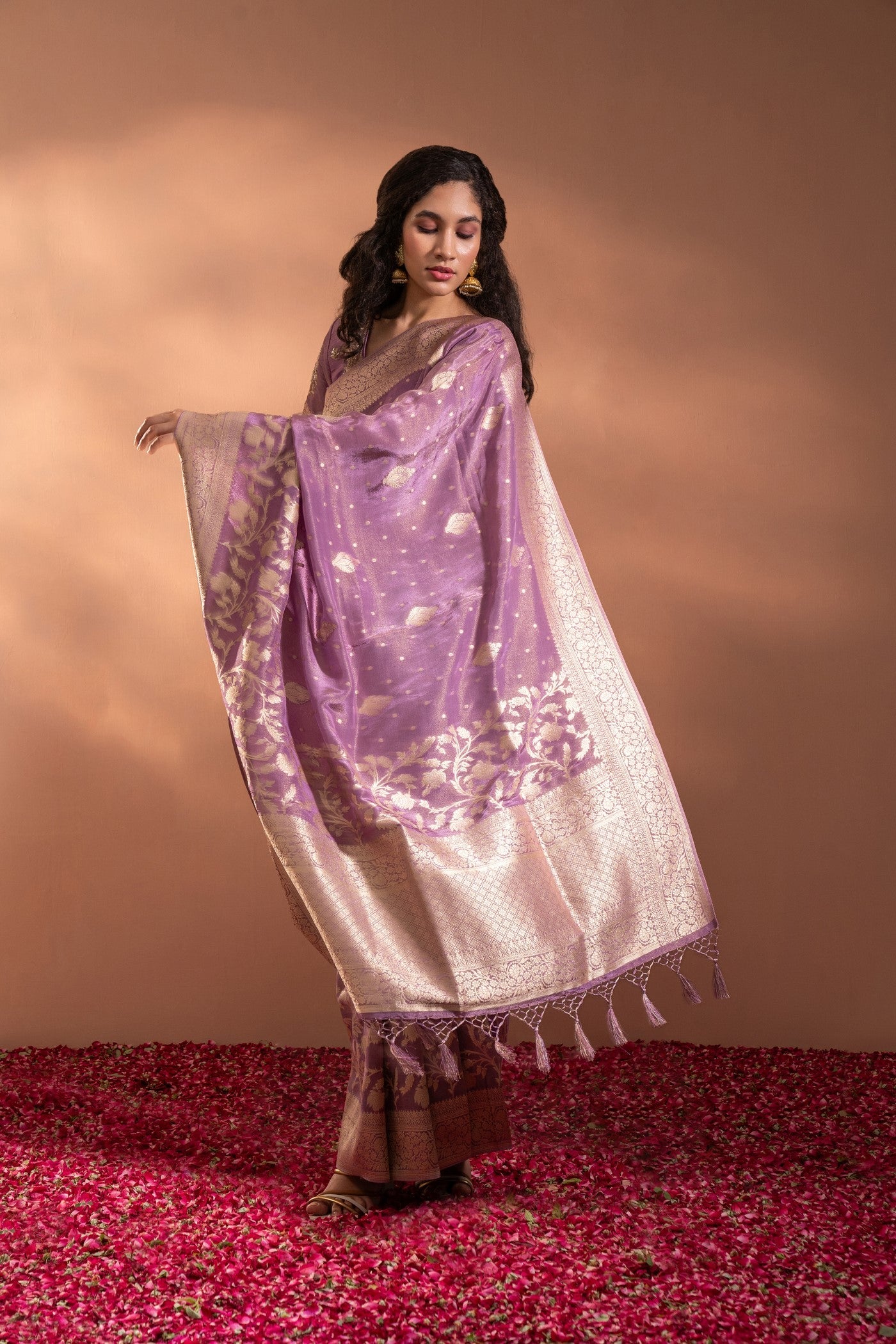 Lilac Snow Purple Banarasi Saree In Banarasi Silk wih Zari & Moti Thread-Work.