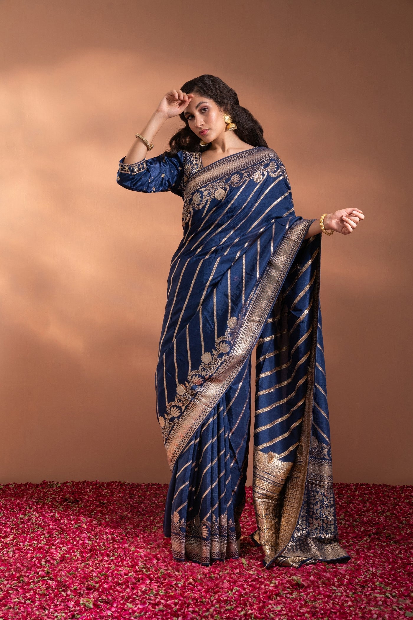Royal Blue Banarasi Saree In Banarasi Silk wih Zari & Moti Thread-Work