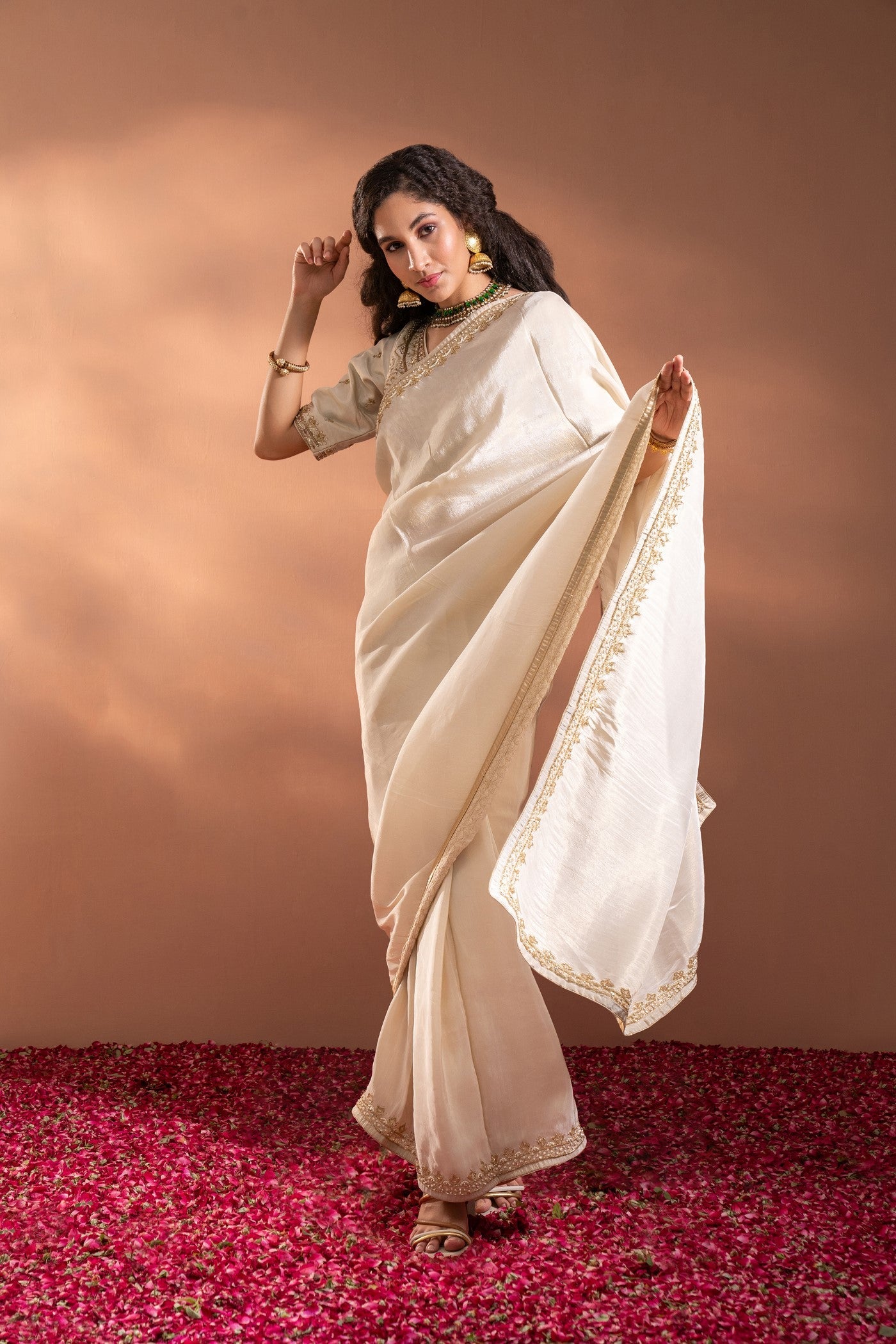 Ivory White Banarasi Saree In Banarasi Silk wih Zari & Moti Thread-Work