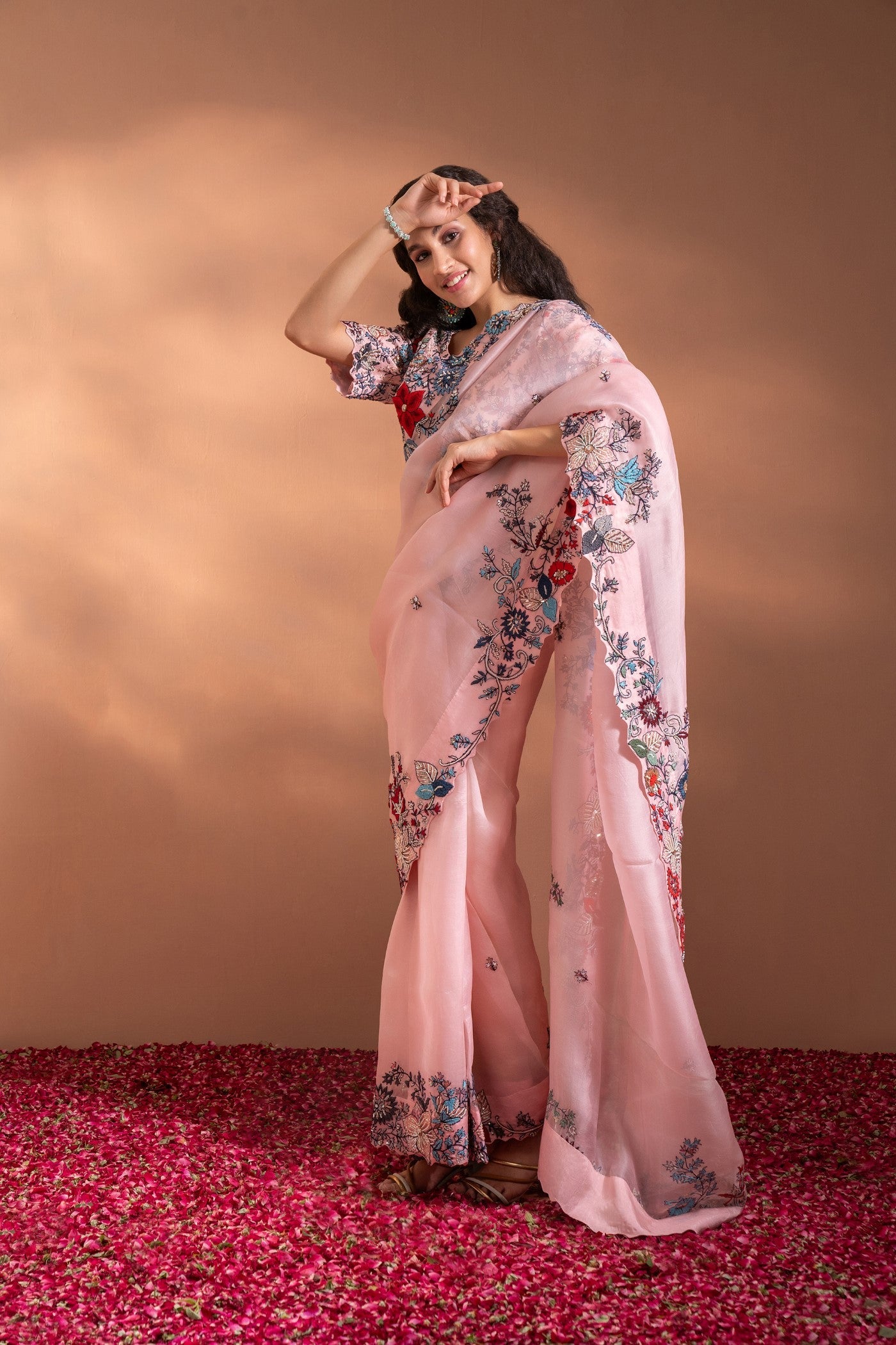 Carnation Pink Saree In Organza With Sequence, Moti & Threadwork