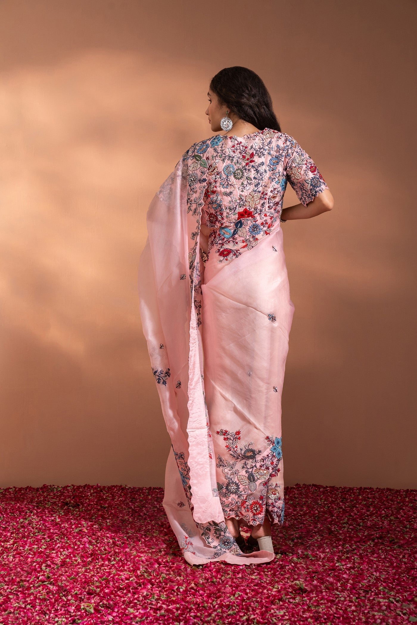 Carnation Pink Saree In Organza With Sequence, Moti & Threadwork