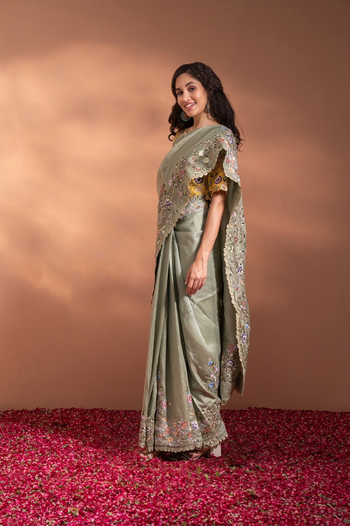 Sage Green & Yellow Saree In Organza With Sequence, Moti & Threadwork.