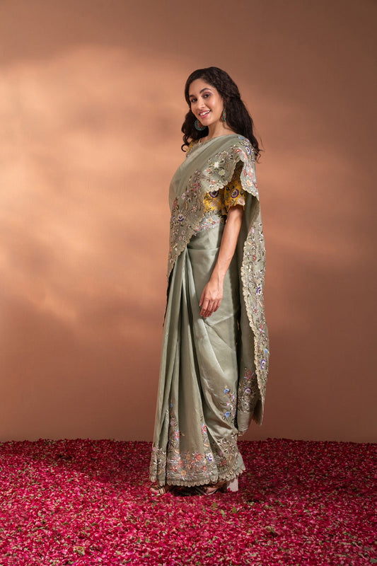 Sage Green & Yellow Saree In Organza With Sequence, Moti & Threadwork.