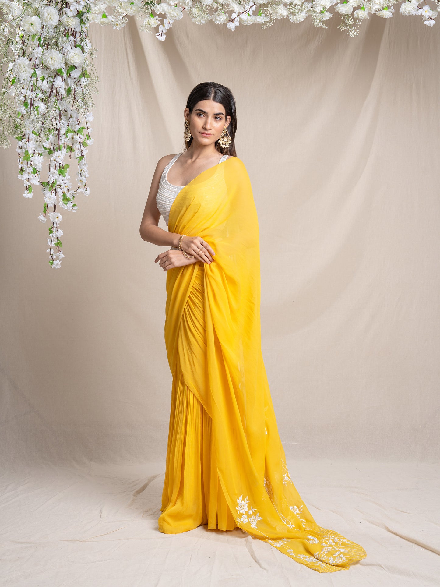 Yellow Predraped Saree With Ornate Pallu And Blouse