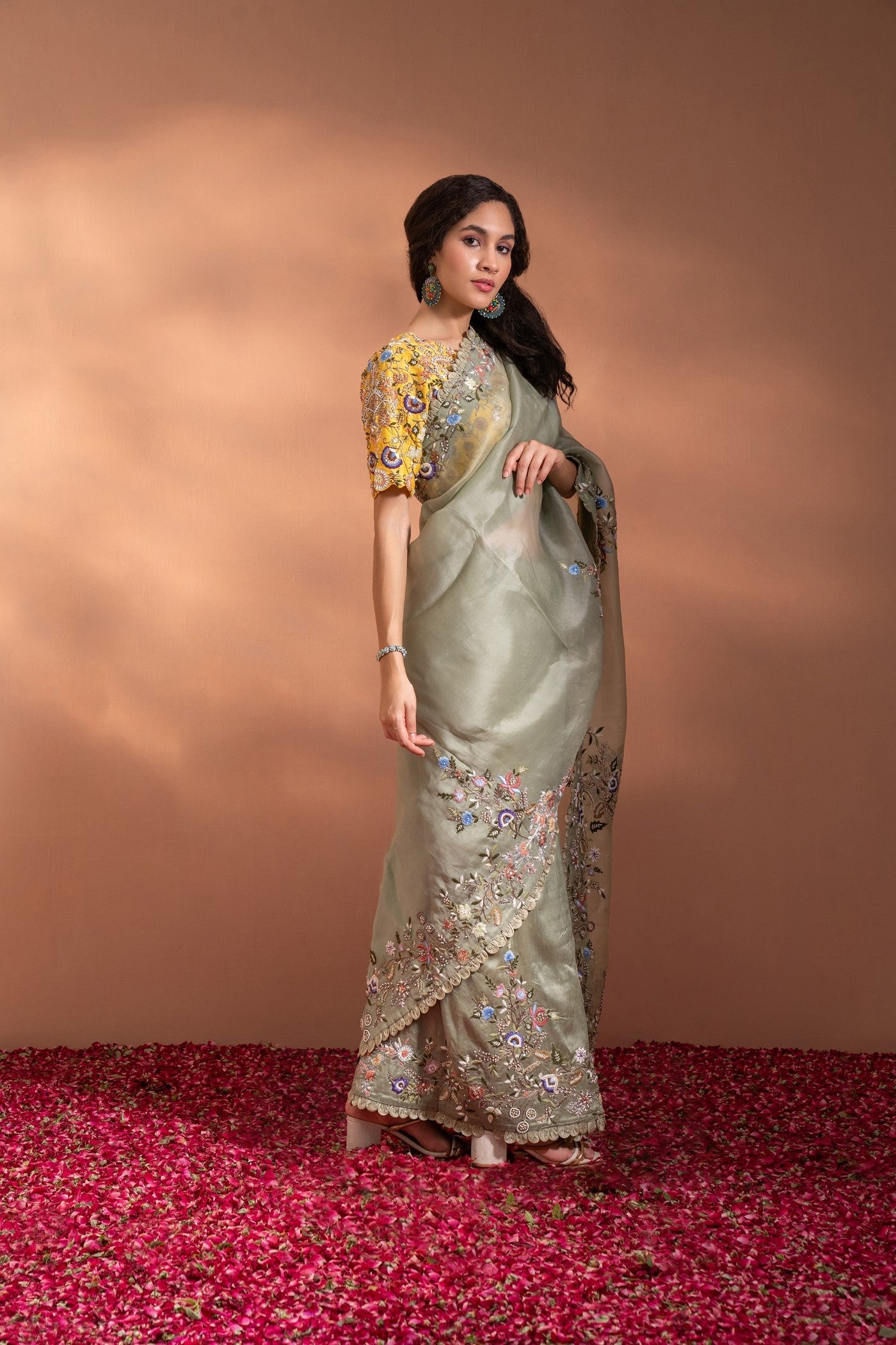 Sage Green & Yellow Saree In Organza With Sequence, Moti & Threadwork.