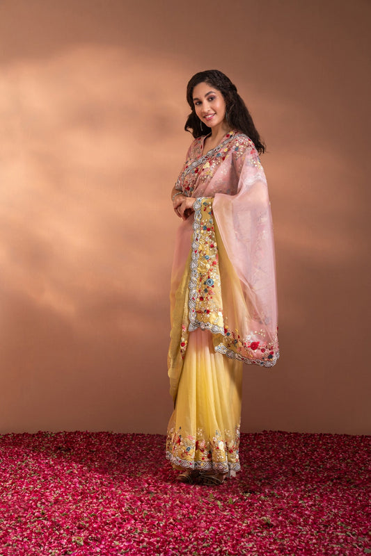 The Saree In Organza With Sequence, Moti & Threadwork in a Pastel Gradience Shade