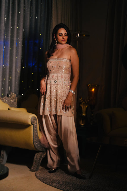 Art Deco Dusty Pink Sequin, Bead Work Organza Skirt for Sangeet