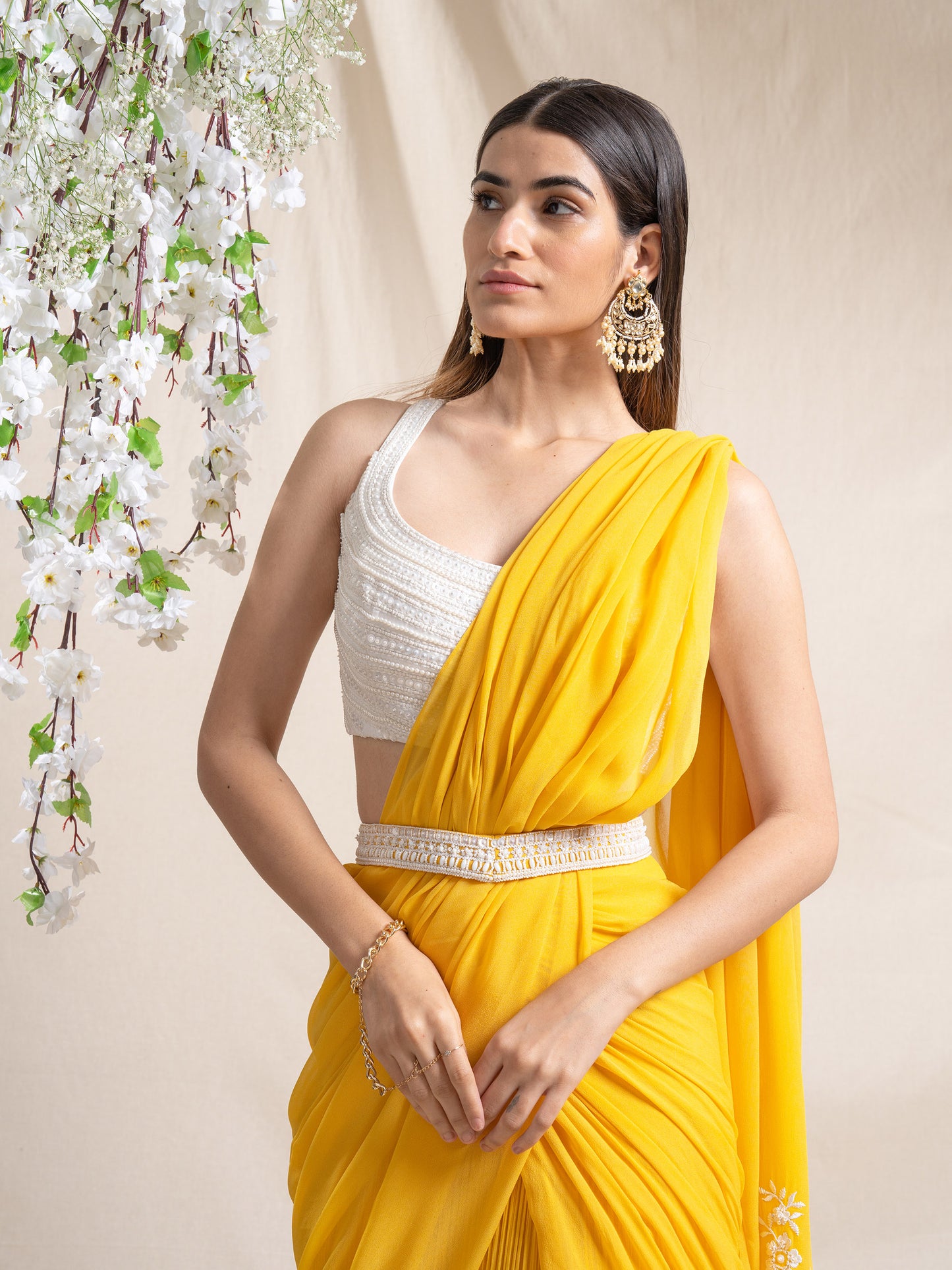 Yellow Predraped Saree With Ornate Pallu And Blouse