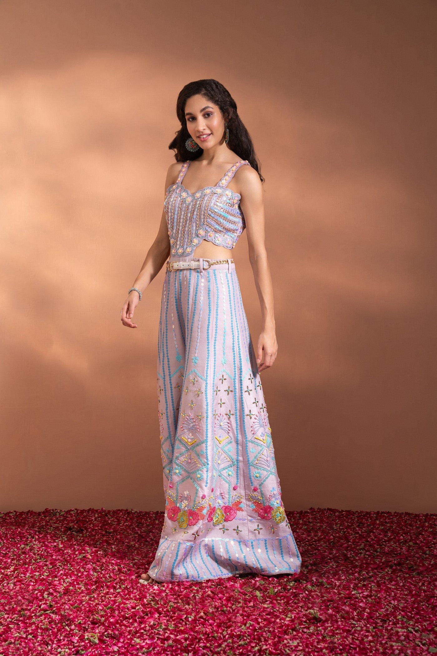 Multi-Colour Festive Jumpsuit Set in Silk with Side Cut-Outs