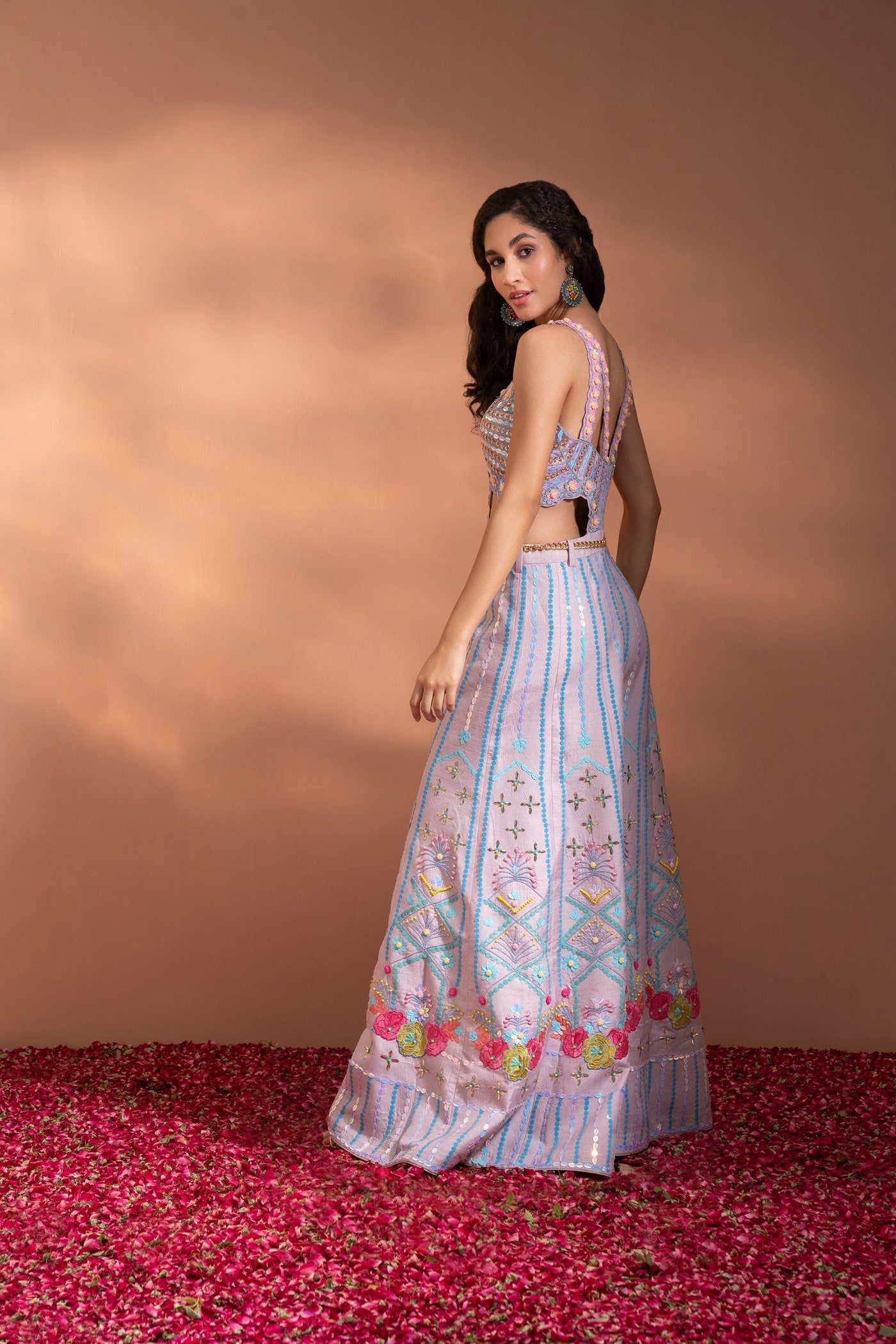 Multi-Colour Festive Jumpsuit Set in Silk with Side Cut-Outs