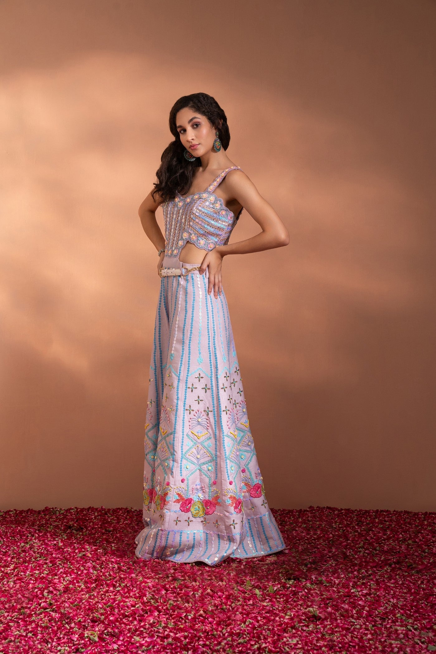 Multi-Colour Festive Jumpsuit Set in Silk with Side Cut-Outs