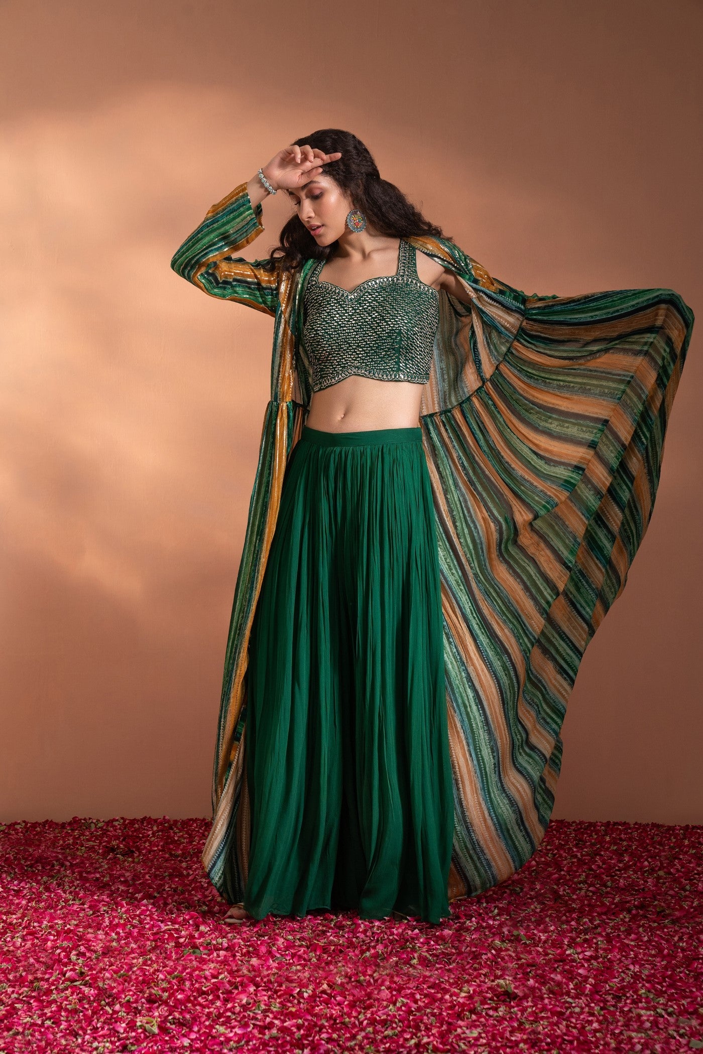 Pine Green Palazzo Crop-Top Set In Georgette With Shrug