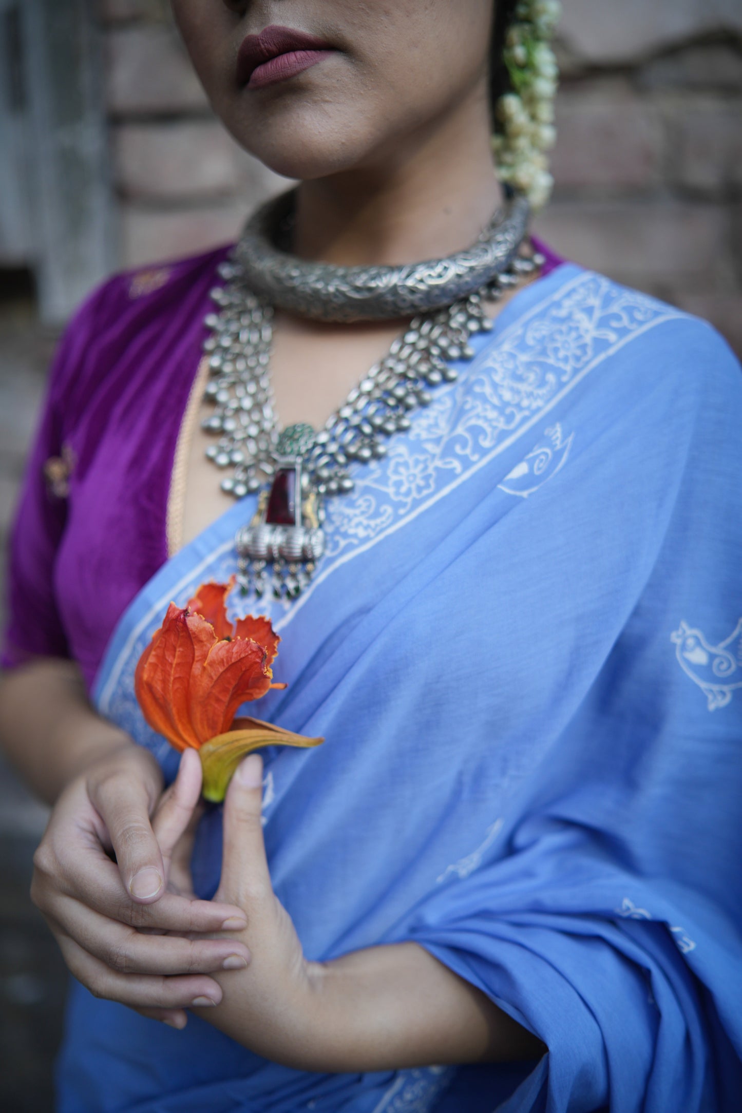 Chidiya - Handblock Print Natural Dyed - Sky Blue Mulmul Cotton Saree
