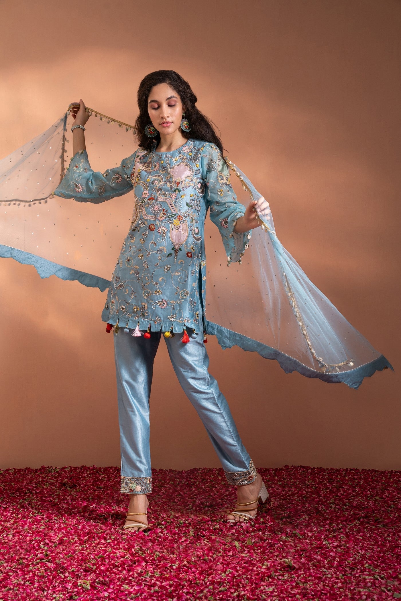 Skyway Blue Suit Set In Silk with Floral Threadwork & Moti with Organza Dupatta