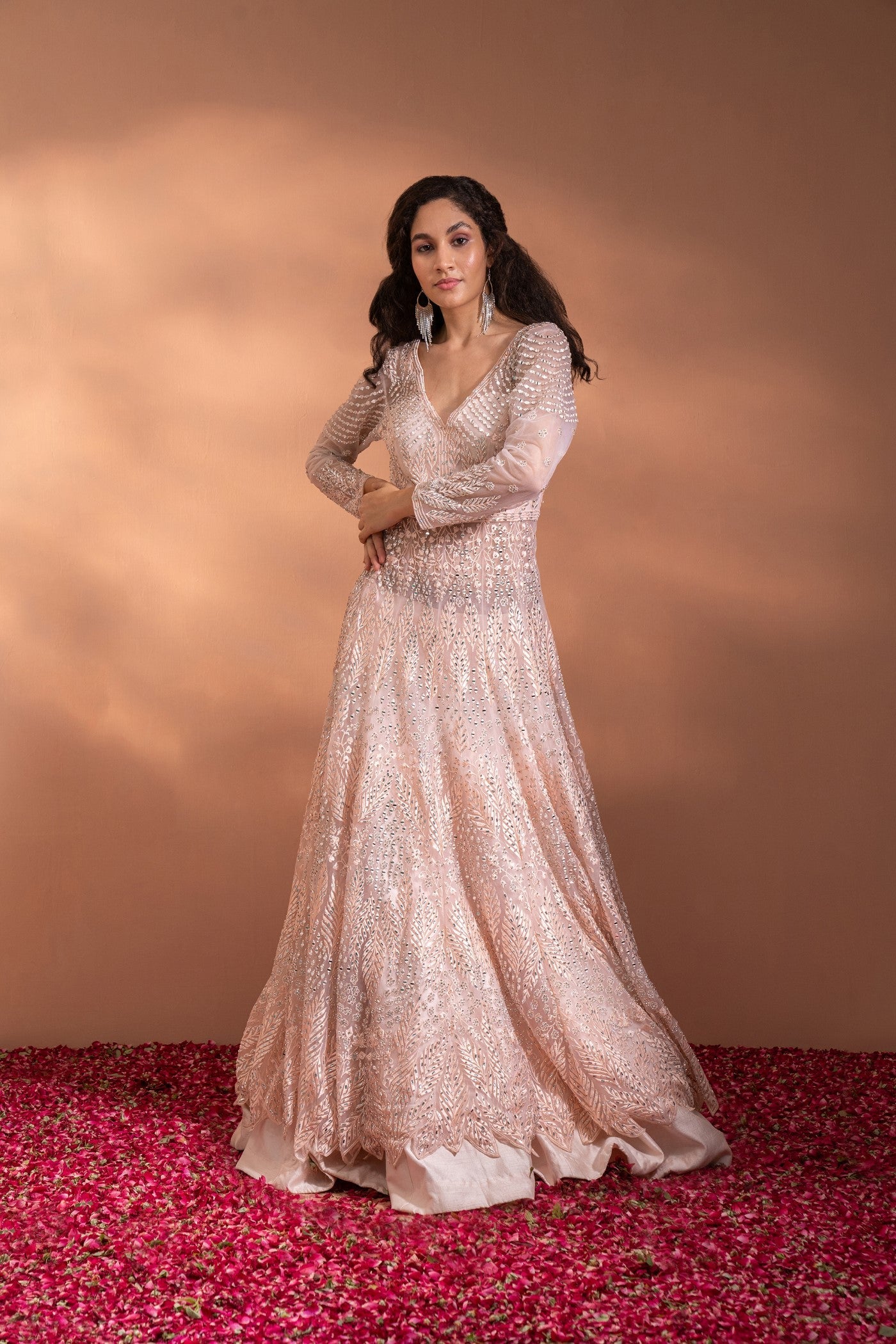 Light Peach Sequins Embroidered Umbrella Gown