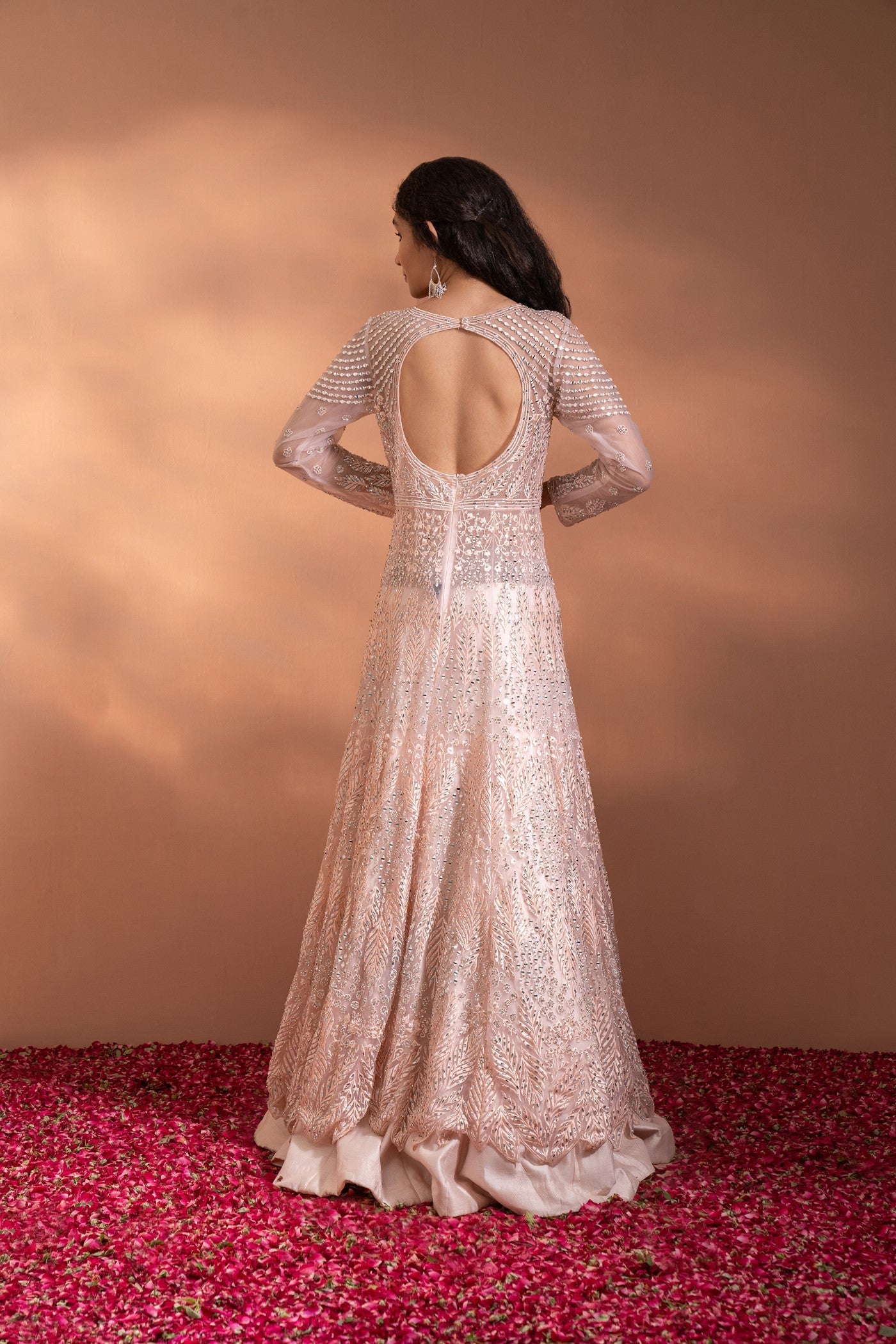 Light Peach Sequins Embroidered Umbrella Gown