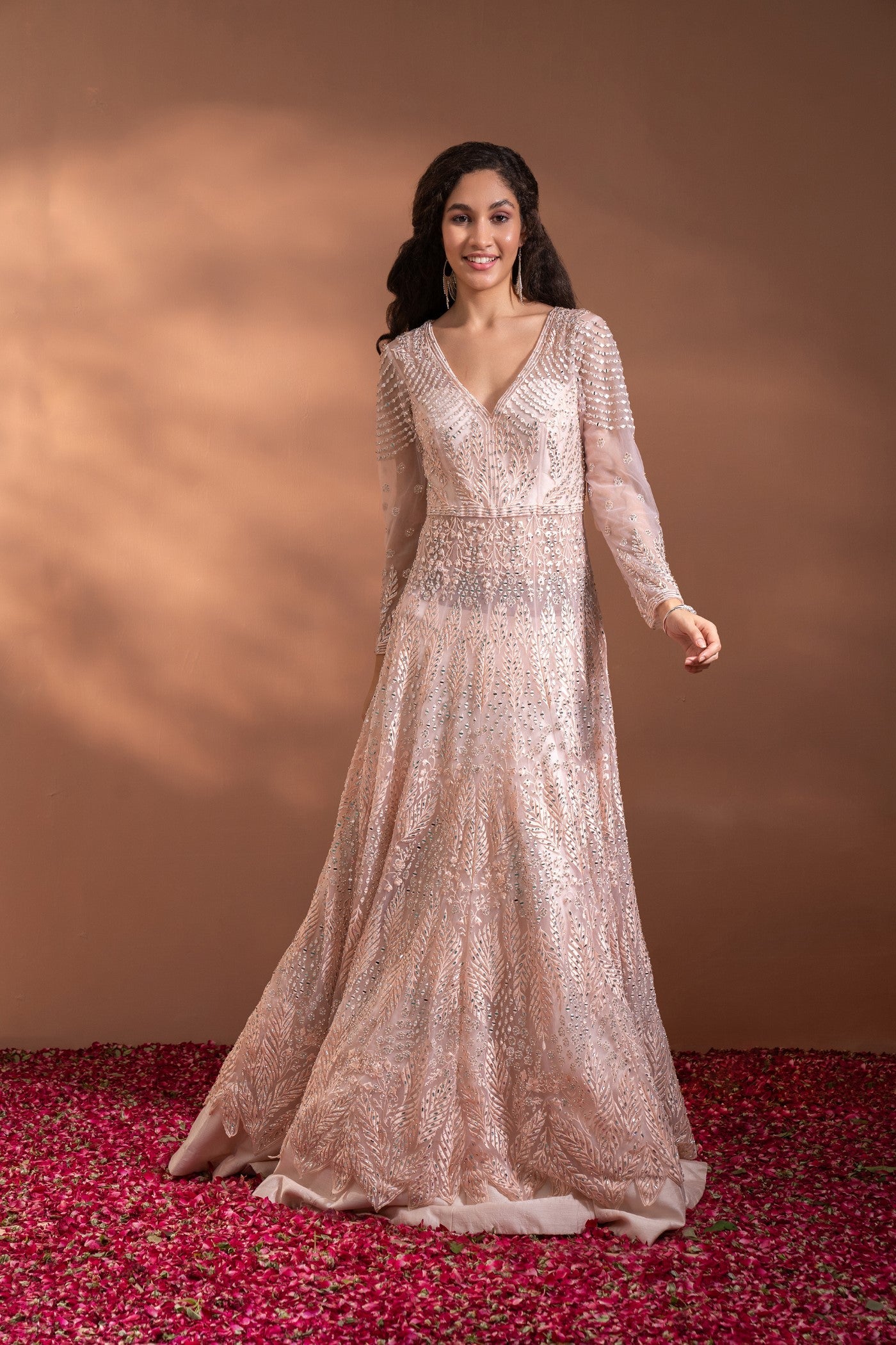 Light Peach Sequins Embroidered Umbrella Gown