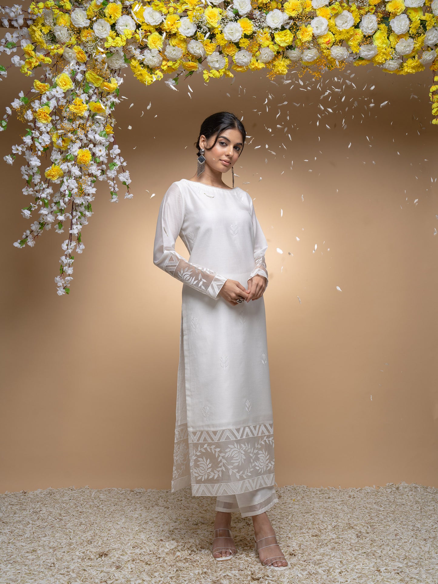 Ivory Chanderi And Organza Floral Applique Kurta Set